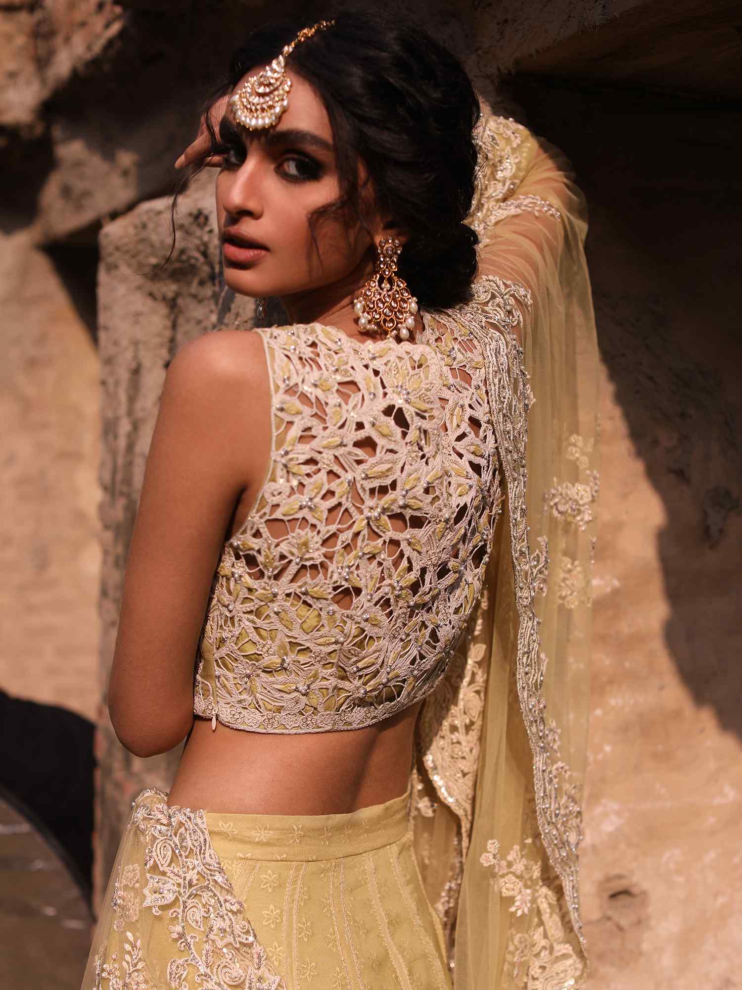 Pakistani Yellow Zardozi Organza & Georgette Lehenga (3-Piece) - Image 2