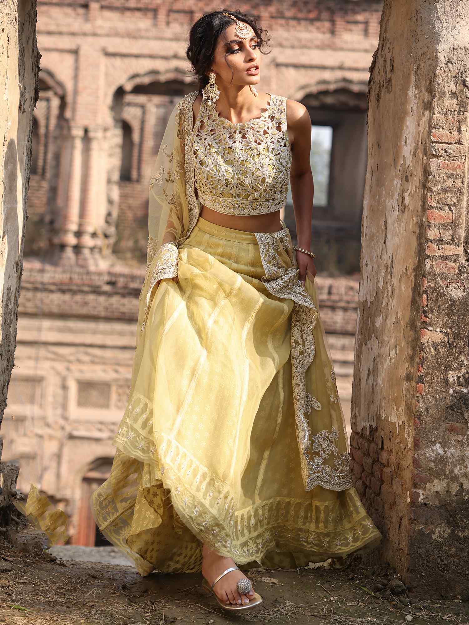 Pakistani Yellow Zardozi Organza & Georgette Lehenga (3-Piece) - Image 3