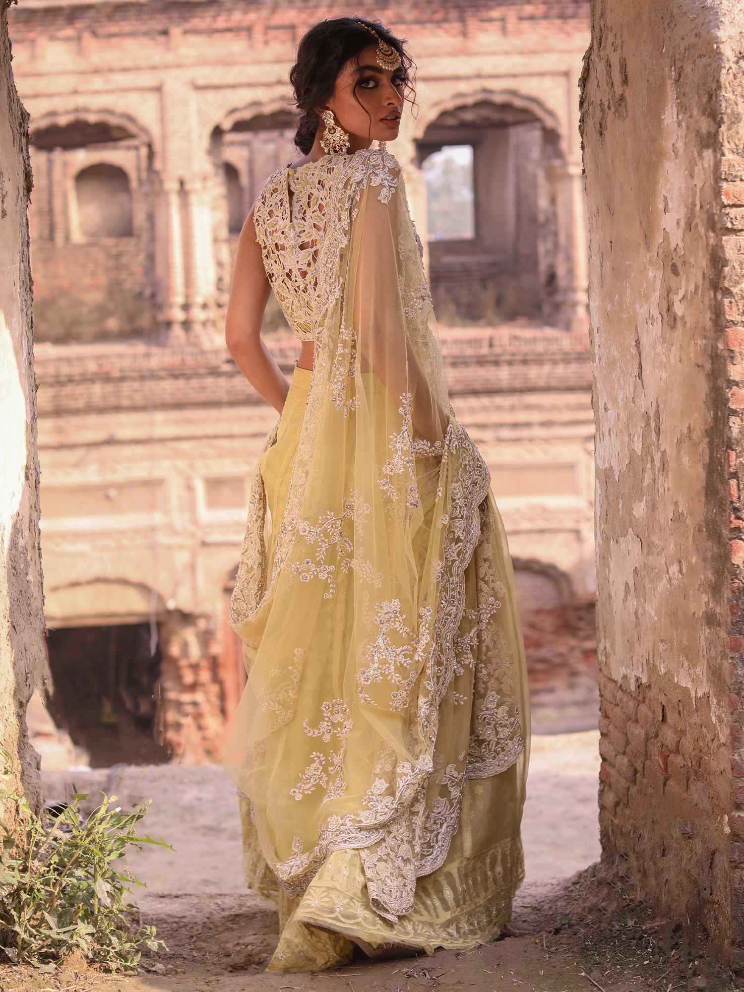 Pakistani Yellow Zardozi Organza & Georgette Lehenga (3-Piece) - Image 4