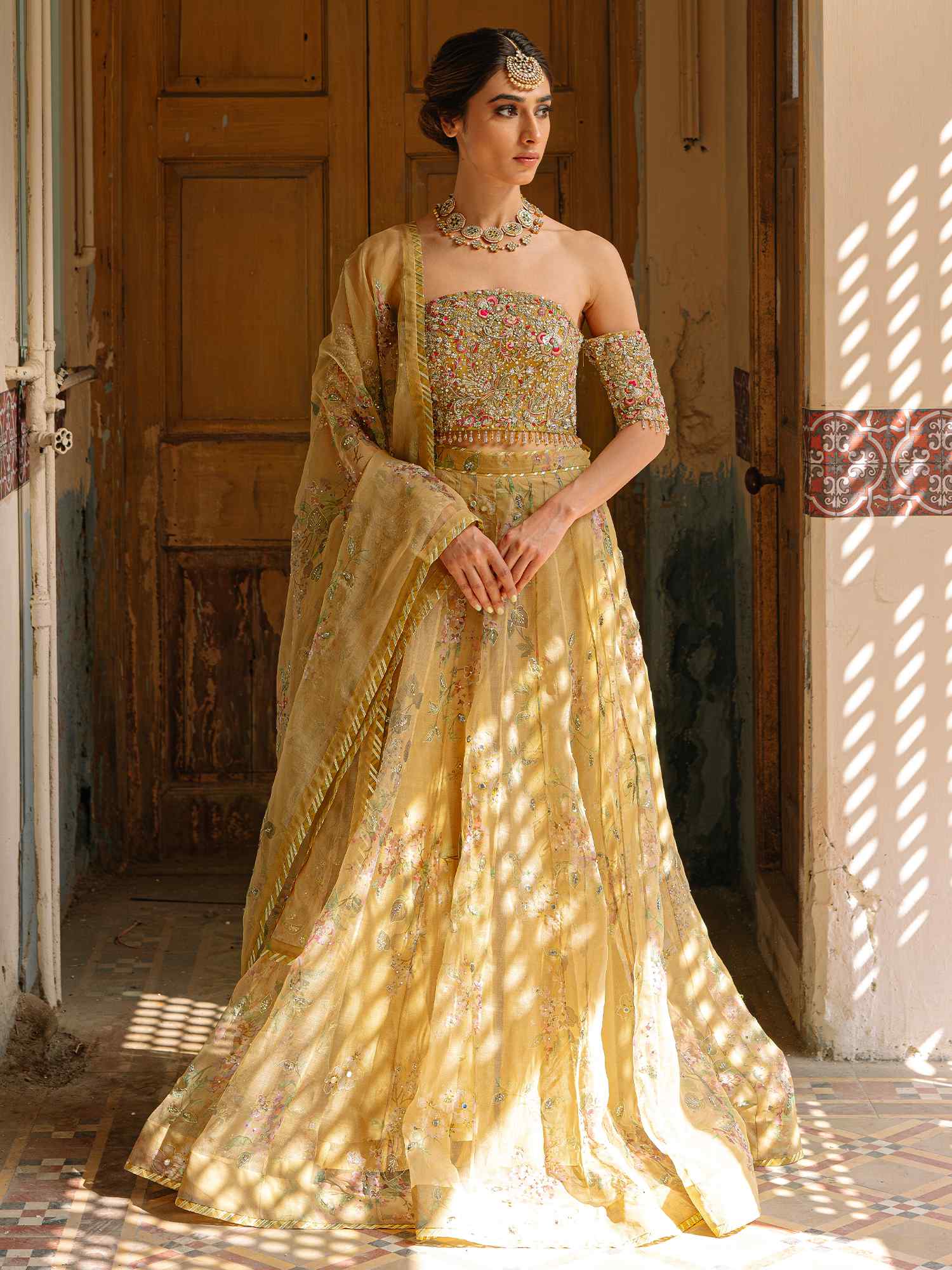 Pakistani Mustard Zardozi Organza Lehenga Set (3-Piece) - Image 1