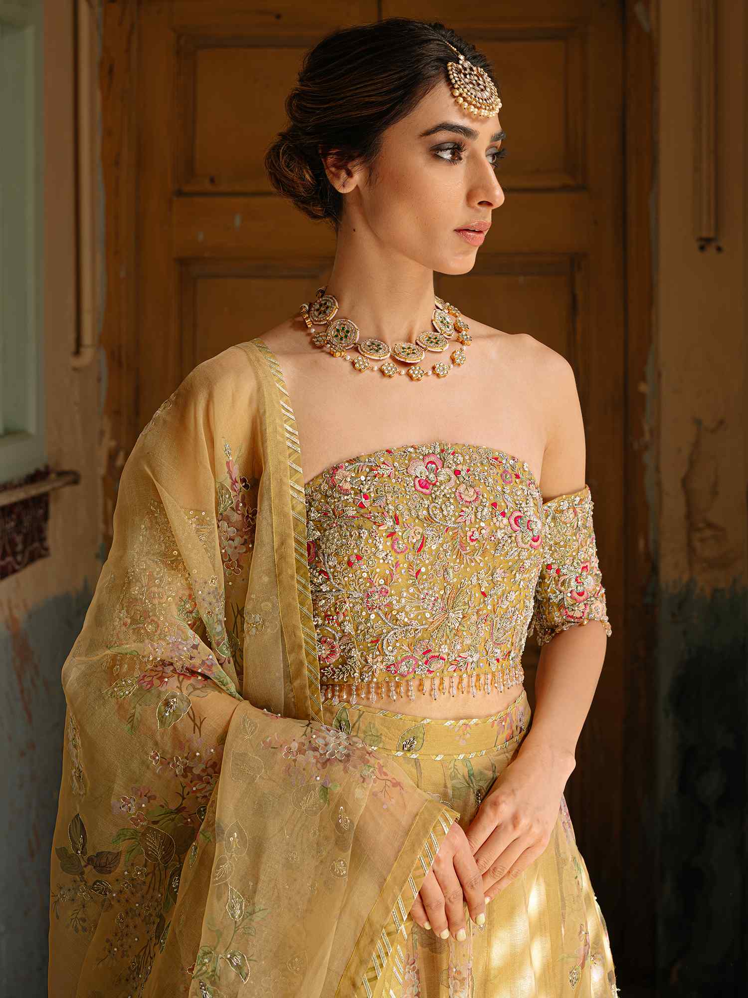 Pakistani Mustard Zardozi Organza Lehenga Set (3-Piece) - Image 2