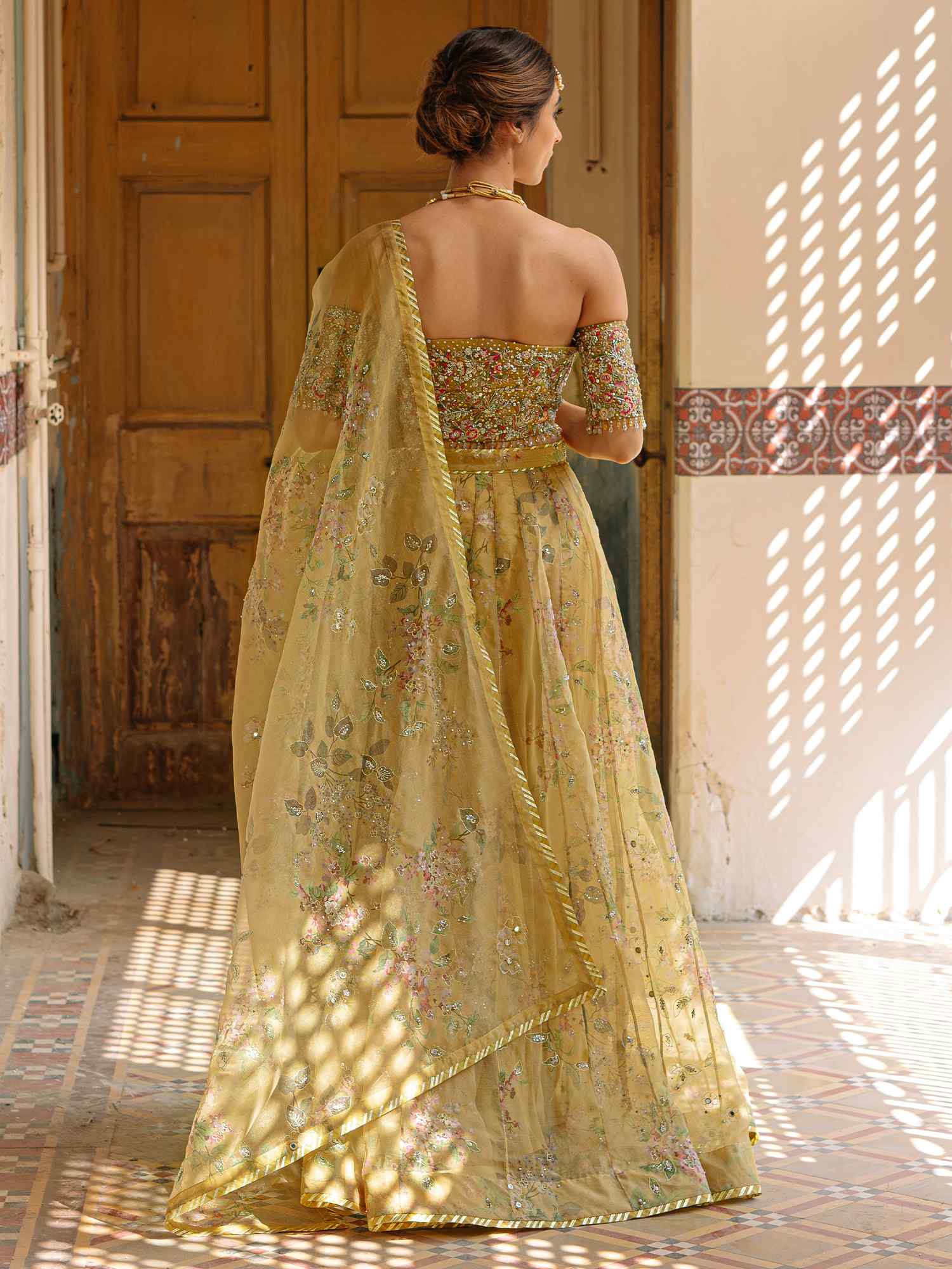 Pakistani Mustard Zardozi Organza Lehenga Set (3-Piece) - Image 5
