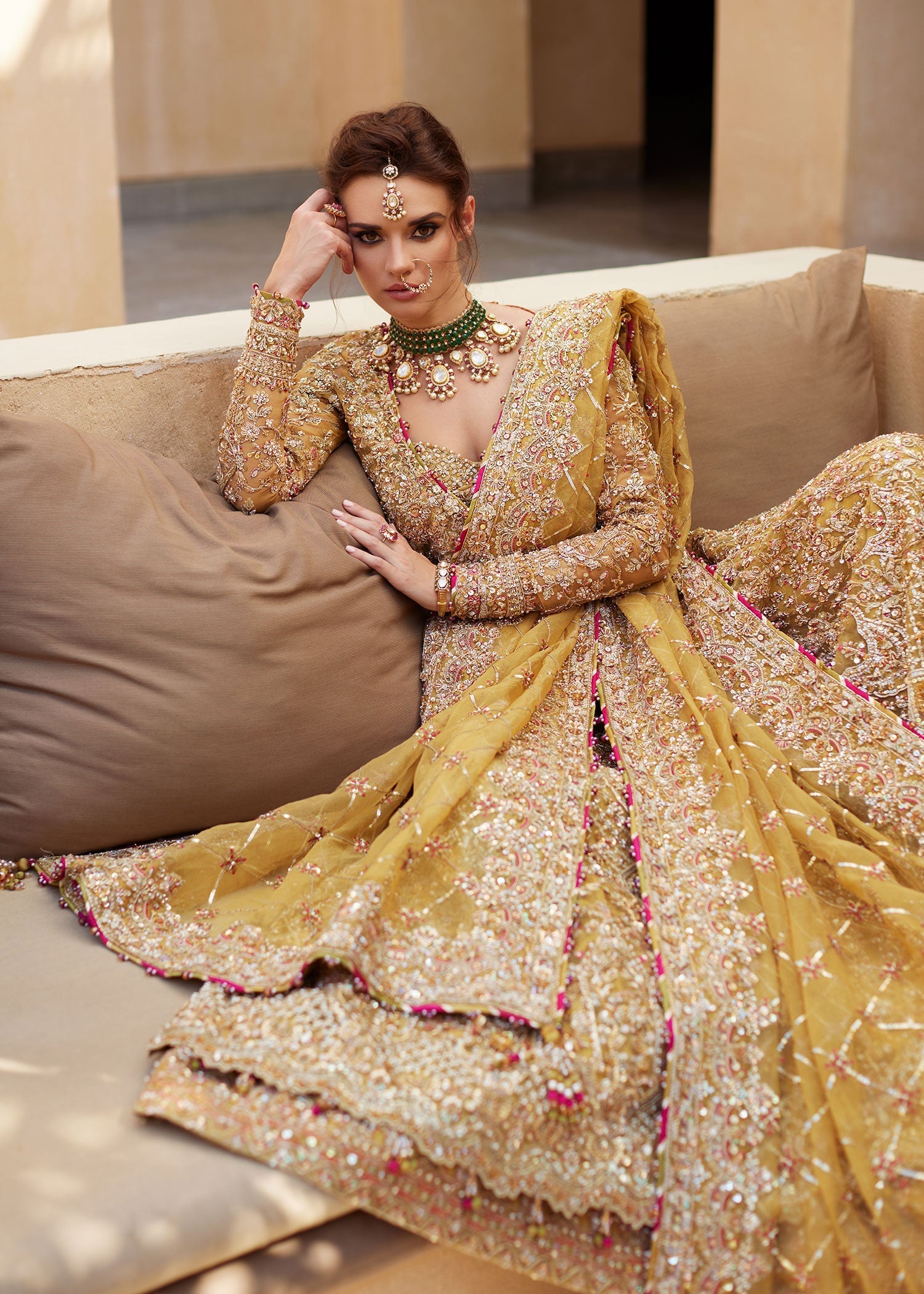 Yellow Zardozi Organza Angharkha Gown (3-Piece) - Image 3