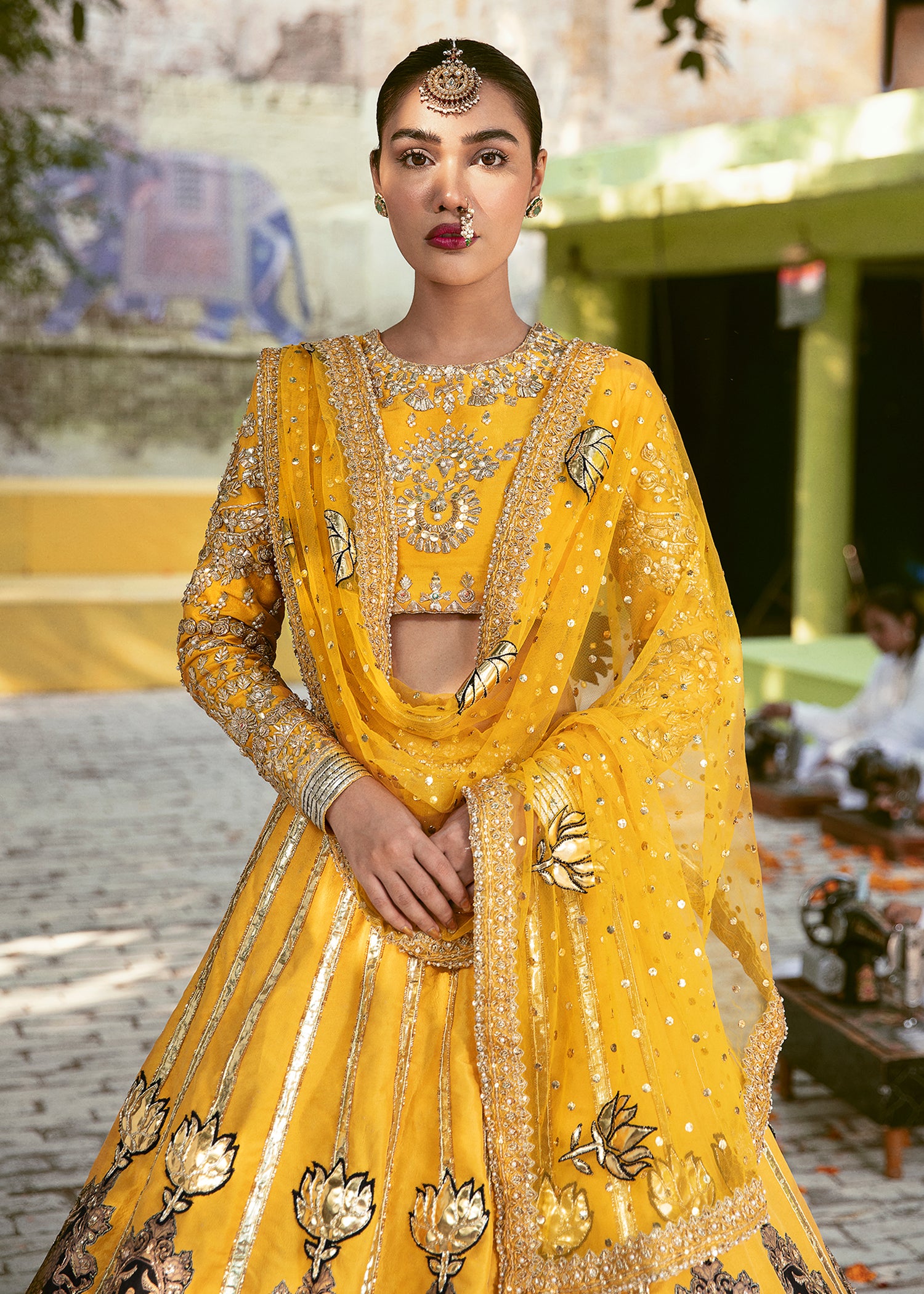Yellow Gota Dabka Raw Silk Lehenga (3-Piece) - Image 3