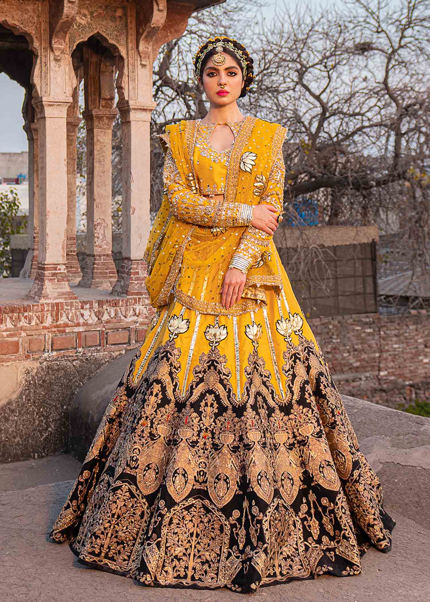 Yellow Gota Dabka Raw Silk Lehenga (3-Piece) - Image 6