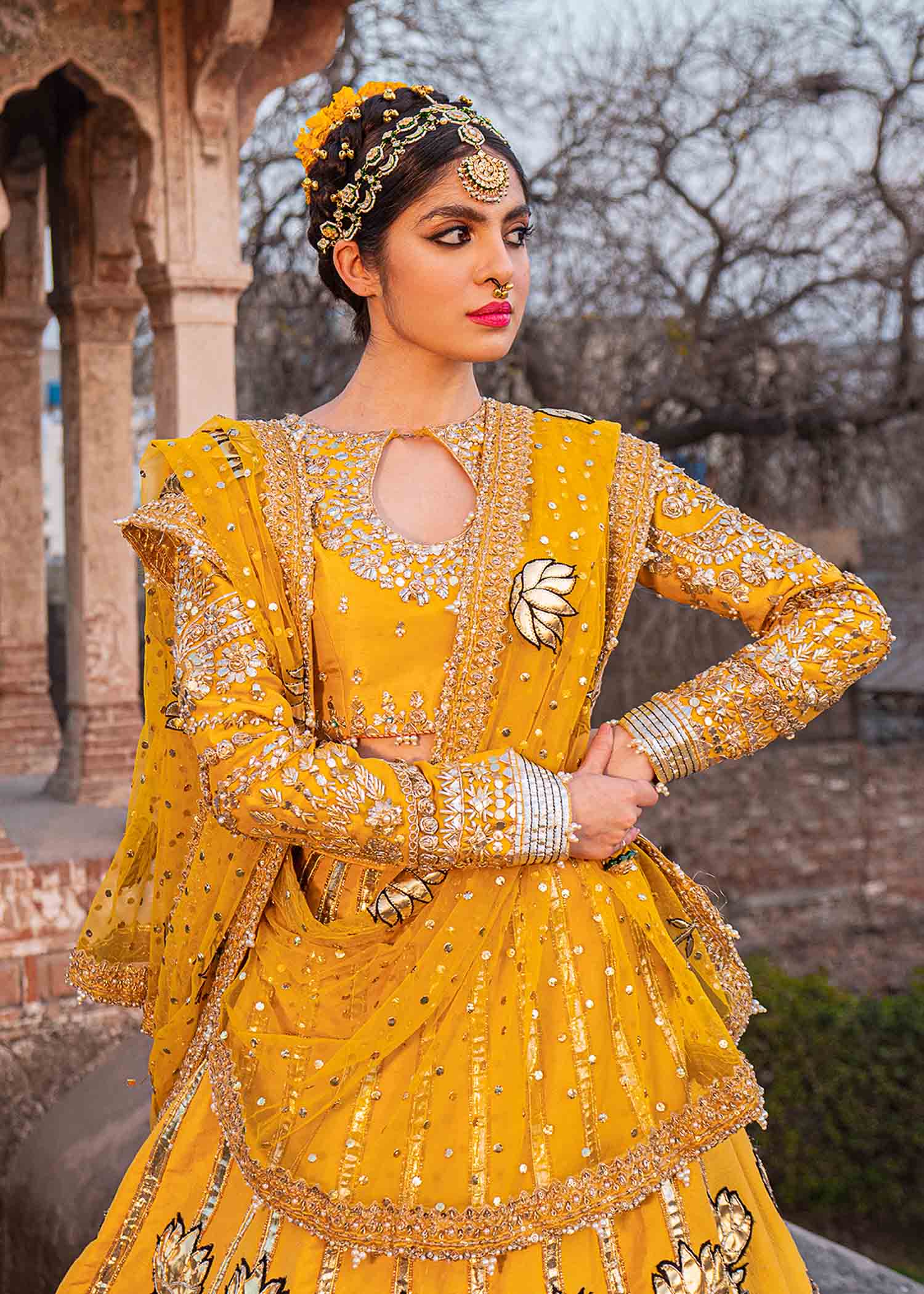 Pakistani Yellow Gota Dabka Raw Silk Lehenga (3-Piece) - Image 10