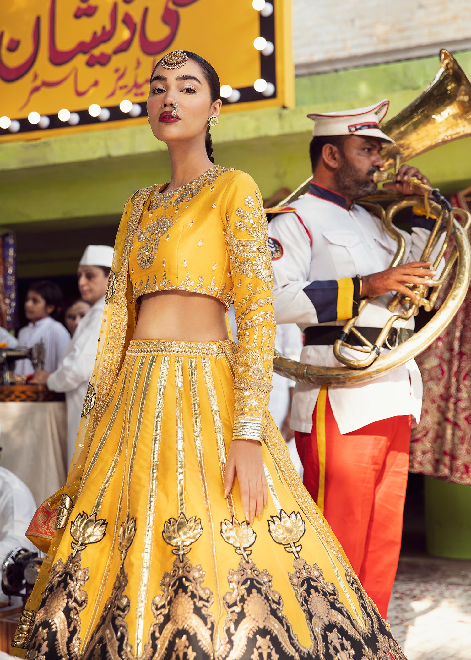 Pakistani Yellow Gota Dabka Raw Silk Lehenga (3-Piece) - Image 5