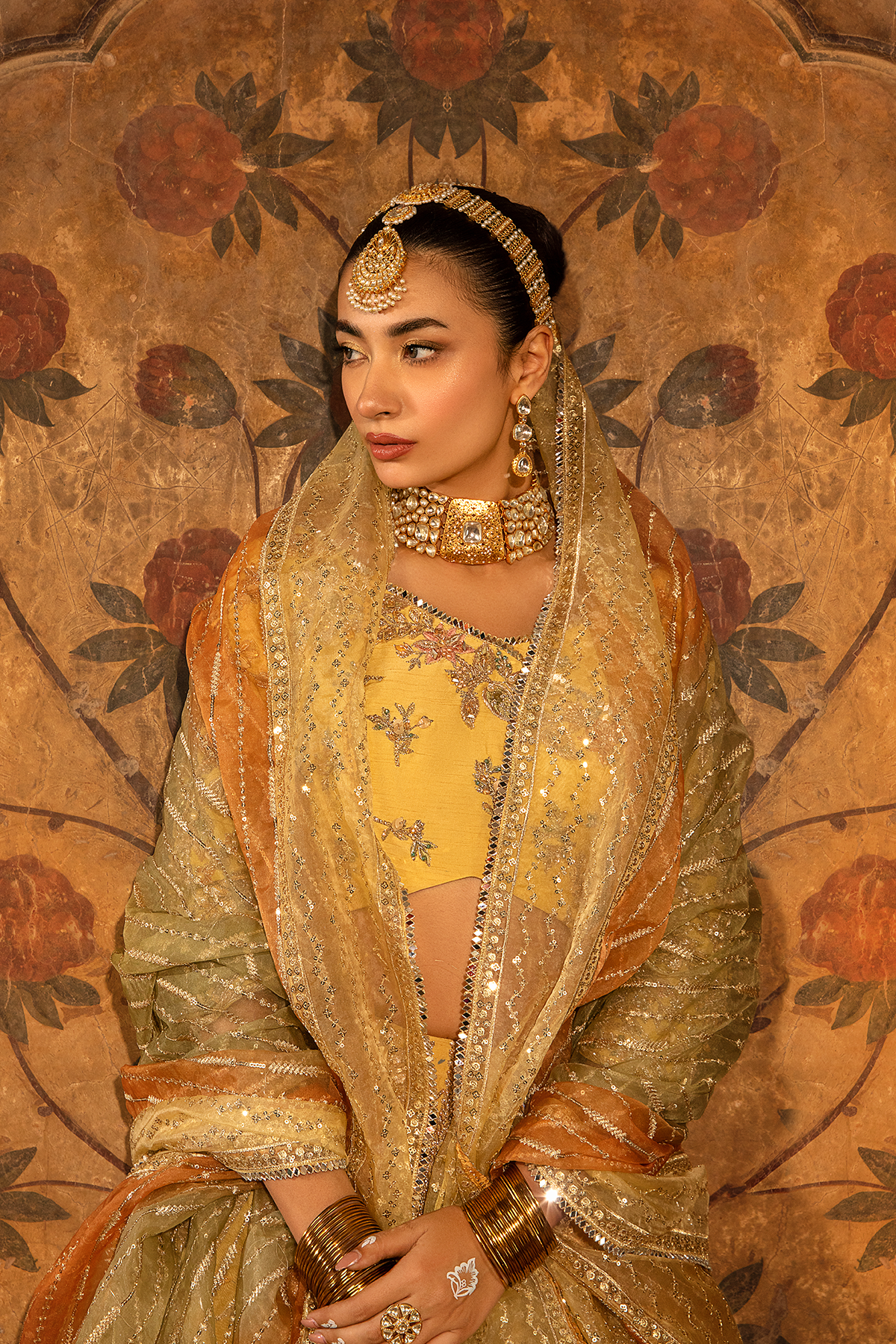 Pakistani Pastel Yellow Embroidered Raw Silk Lehnga Choli (3-Piece) - Image 10