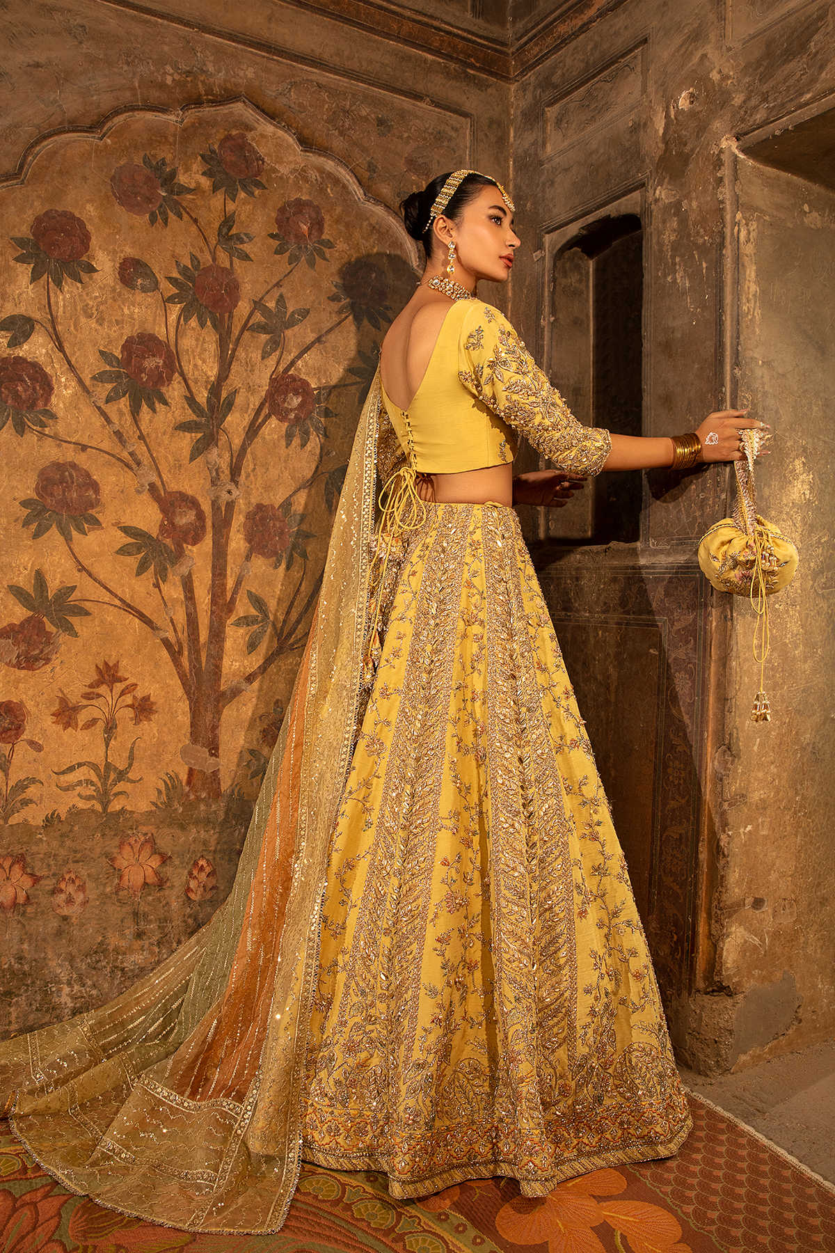 Pakistani Pastel Yellow Embroidered Raw Silk Lehnga Choli (3-Piece) - Image 2