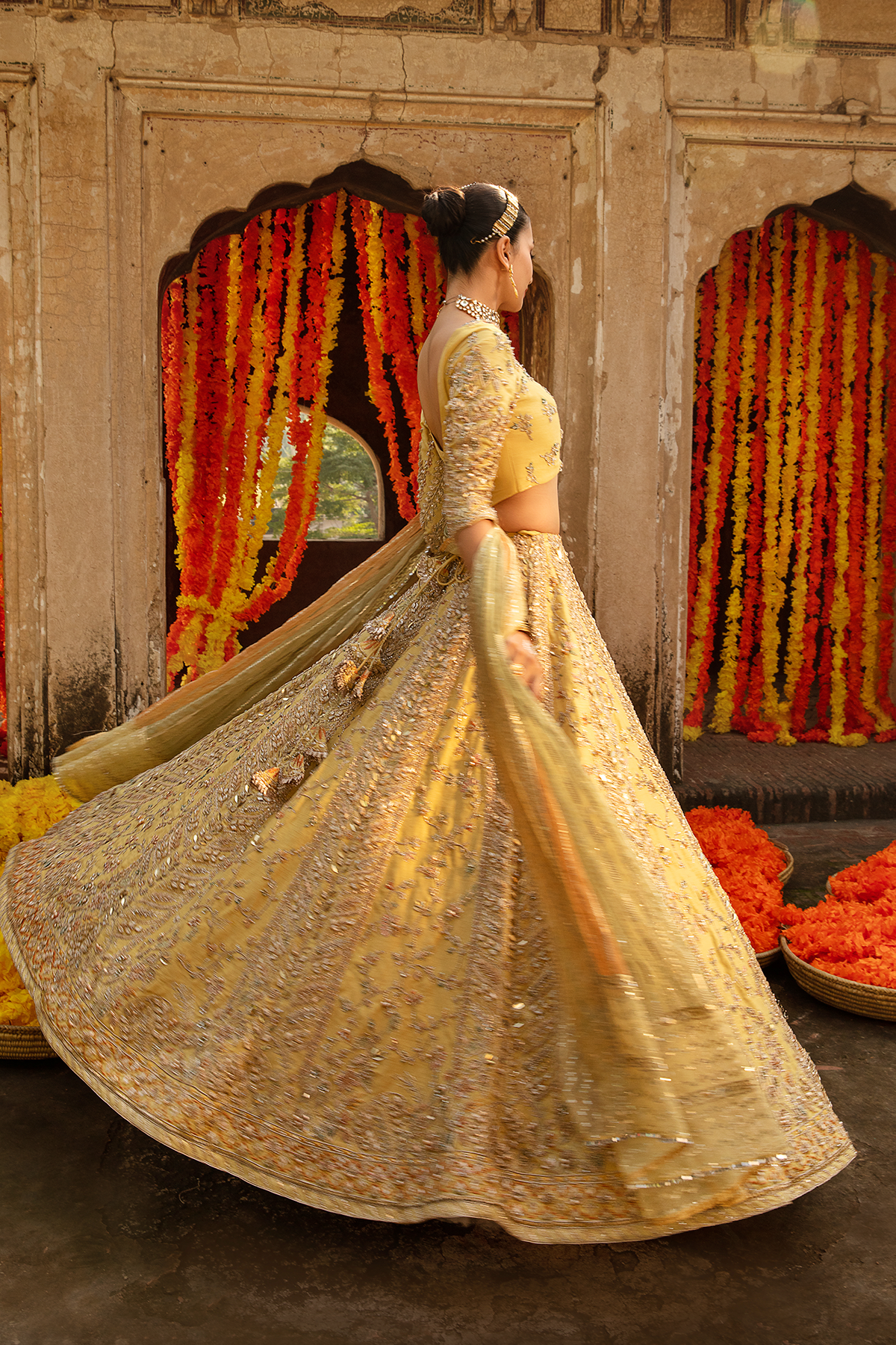 Pakistani Pastel Yellow Embroidered Raw Silk Lehnga Choli (3-Piece) - Image 3