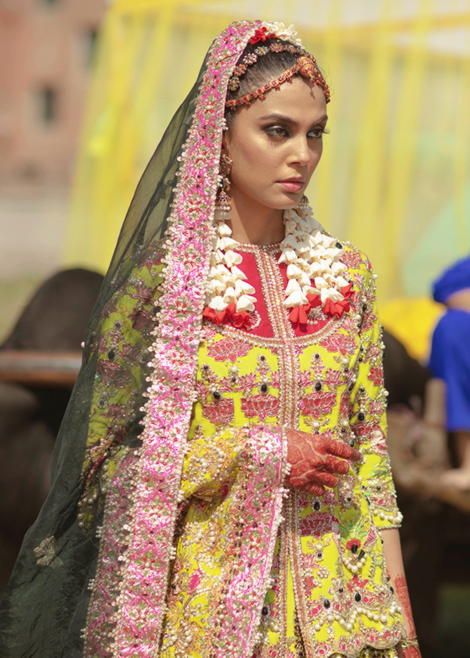 Pakistani Mustard Embellished Raw Silk Bridal Lehenga (3-Piece) - Image 12