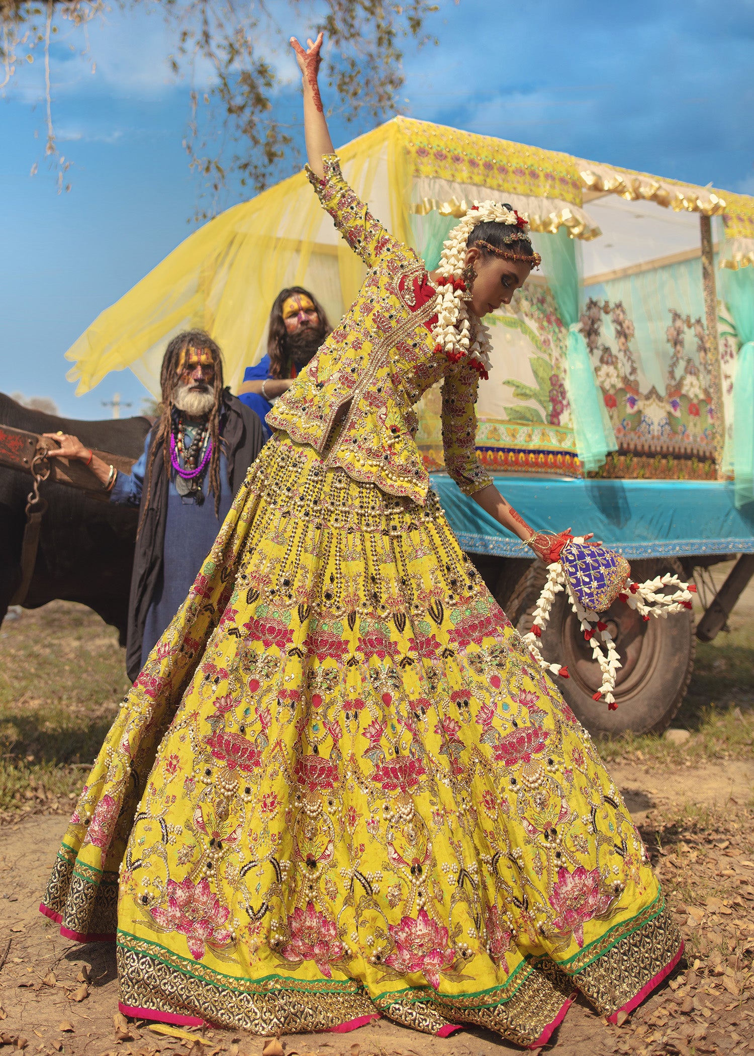 Pakistani Mustard Embellished Raw Silk Bridal Lehenga (3-Piece) - Image 2