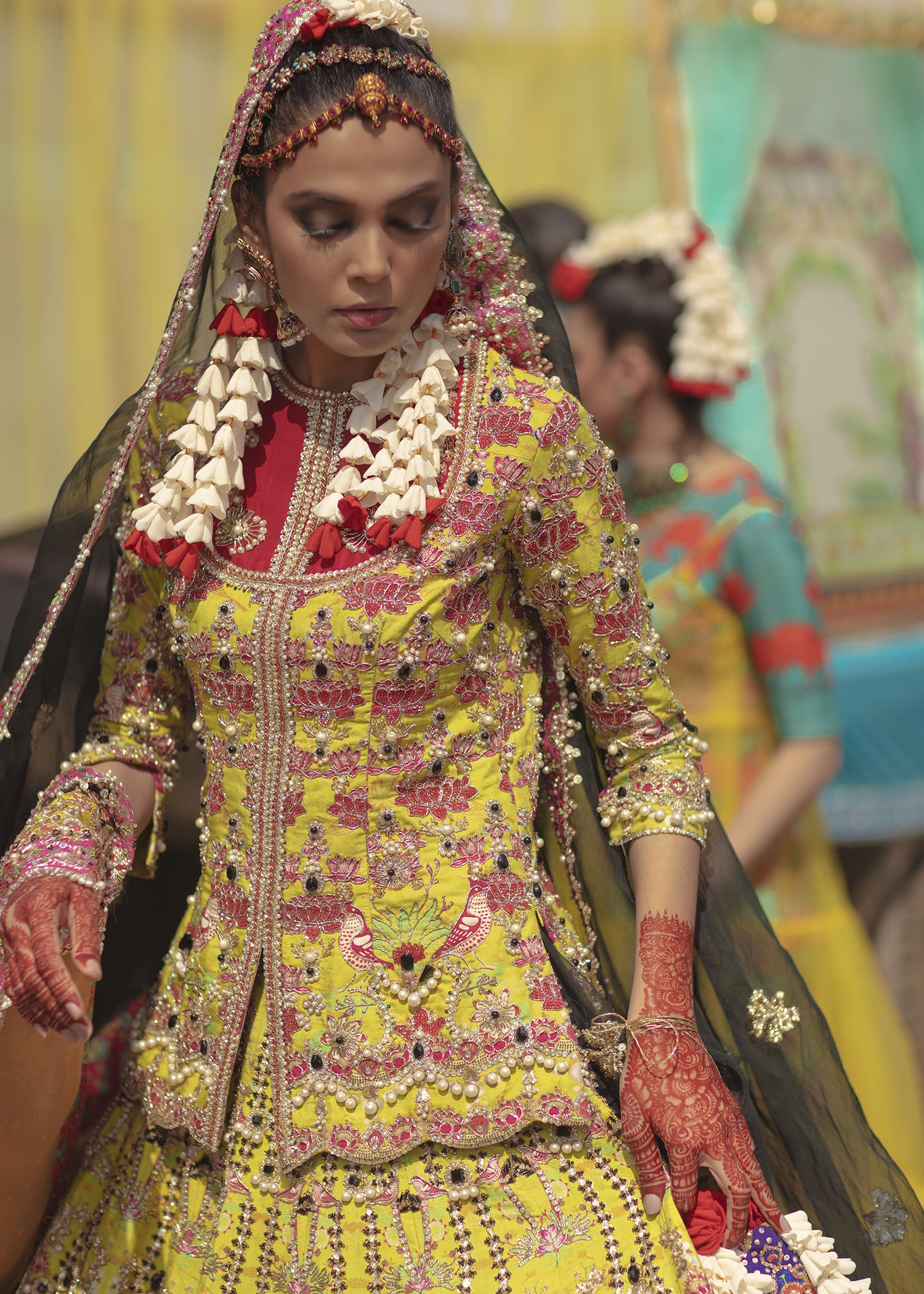 Pakistani Mustard Embellished Raw Silk Bridal Lehenga (3-Piece) - Image 20