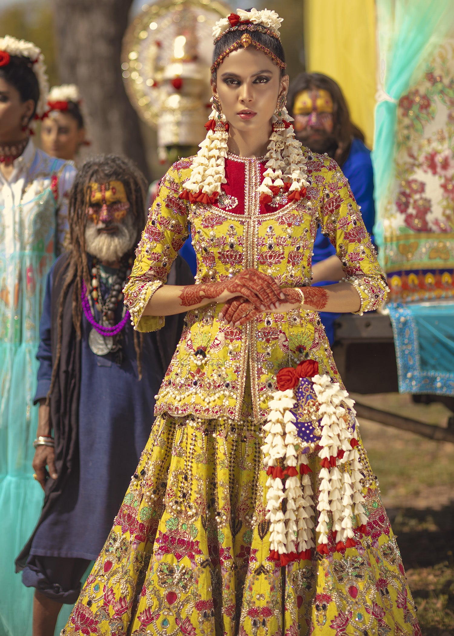 Pakistani Mustard Embellished Raw Silk Bridal Lehenga (3-Piece) - Image 22