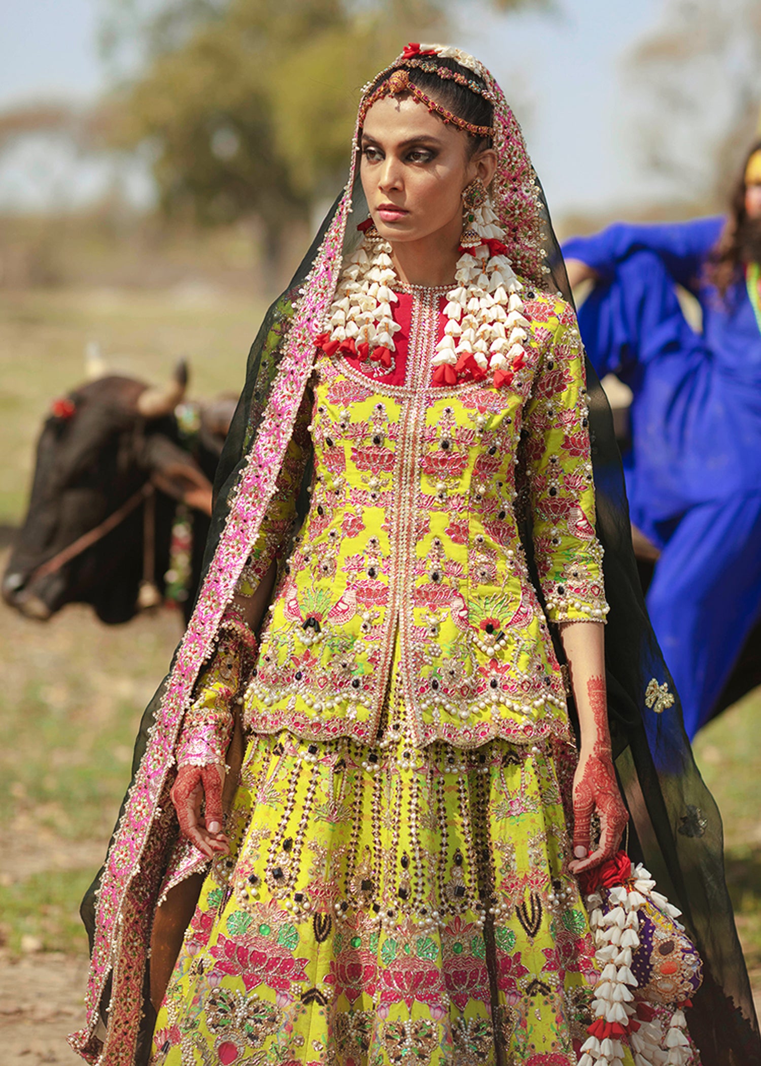 Pakistani Mustard Embellished Raw Silk Bridal Lehenga (3-Piece) - Image 9