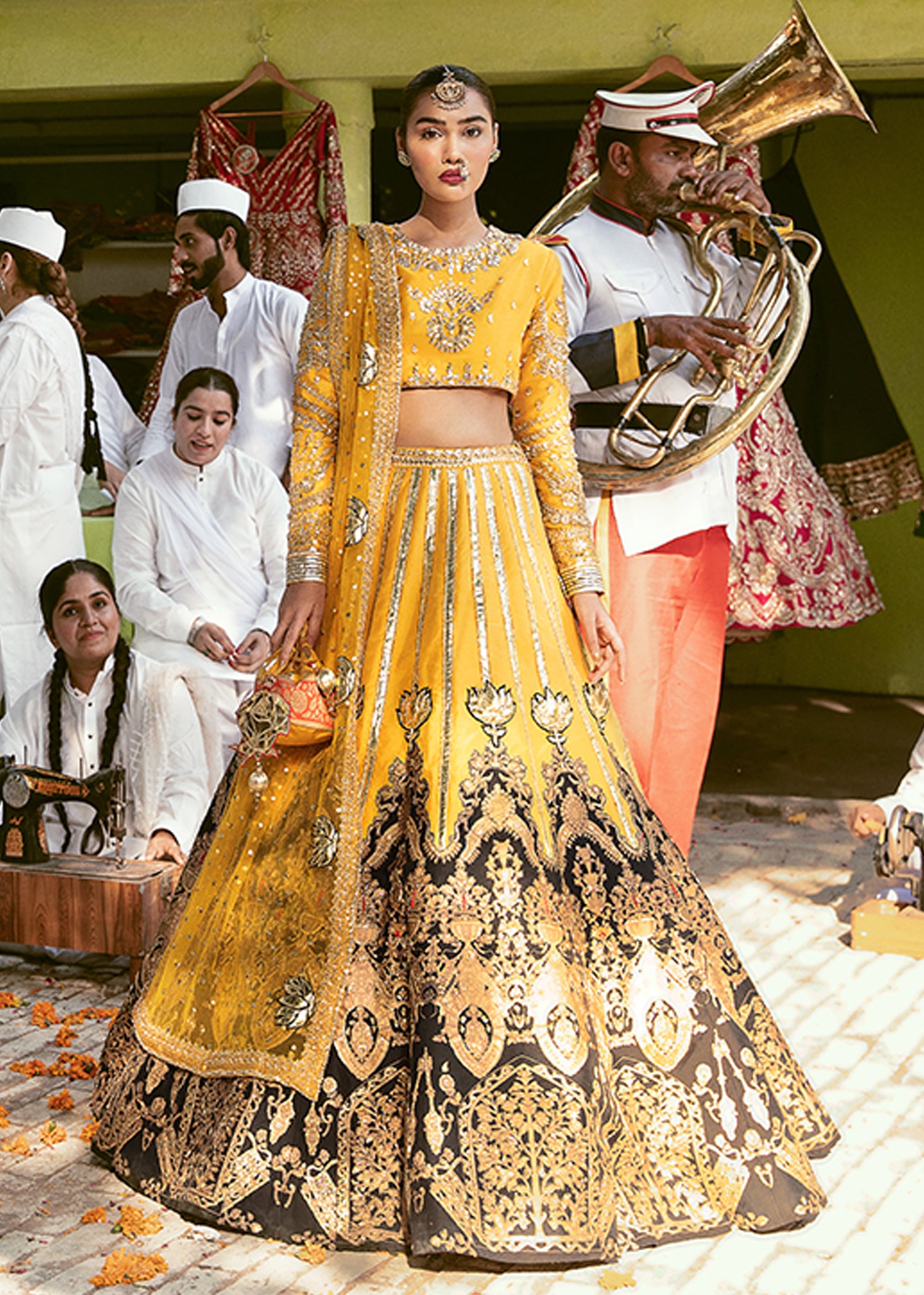 Pakistani Yellow Gota Embroidered Raw Silk Lehenga (3-Piece) - Image 1