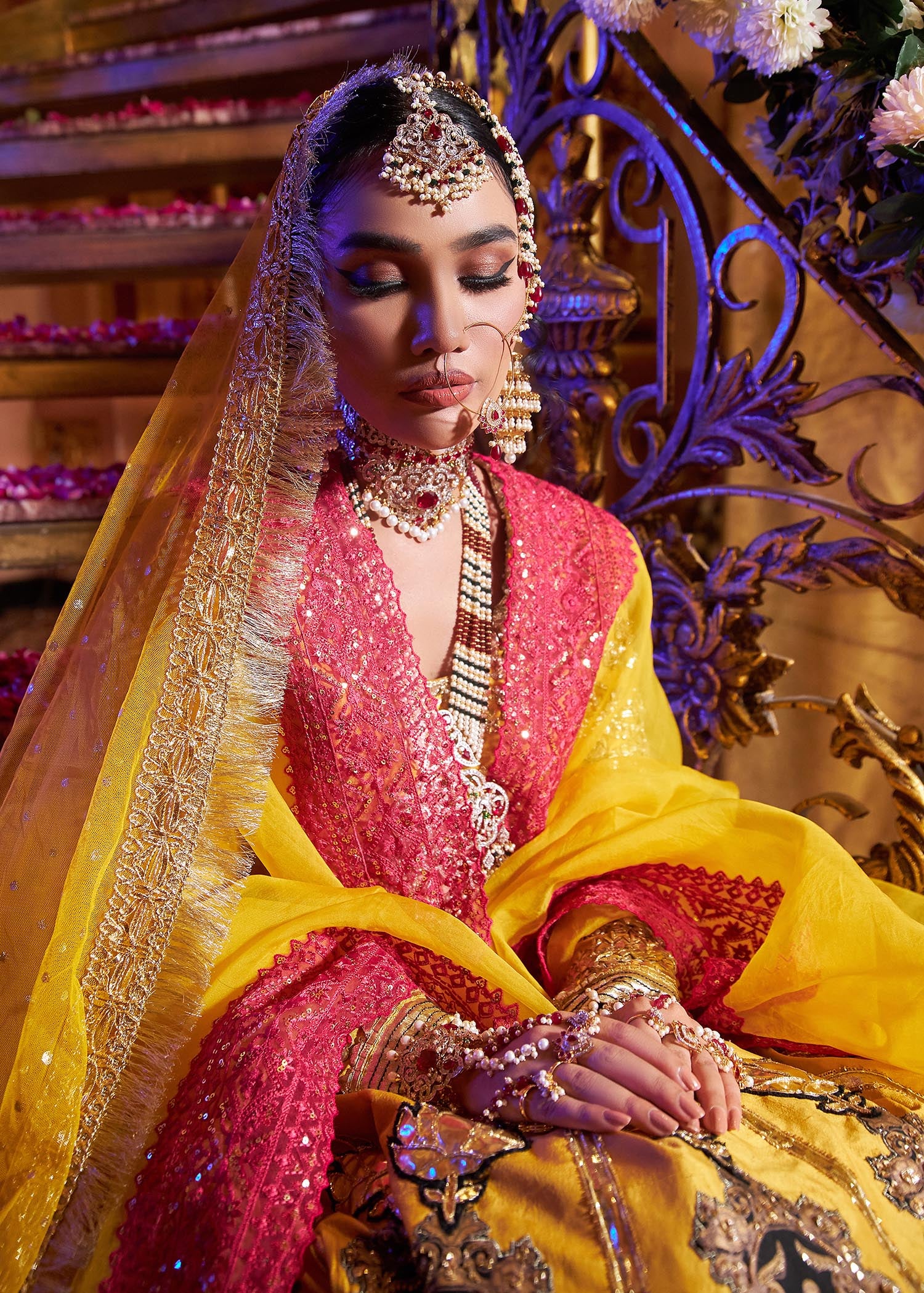 Pakistani Yellow Gota Embroidered Raw Silk Lehenga (3-Piece) - Image 11