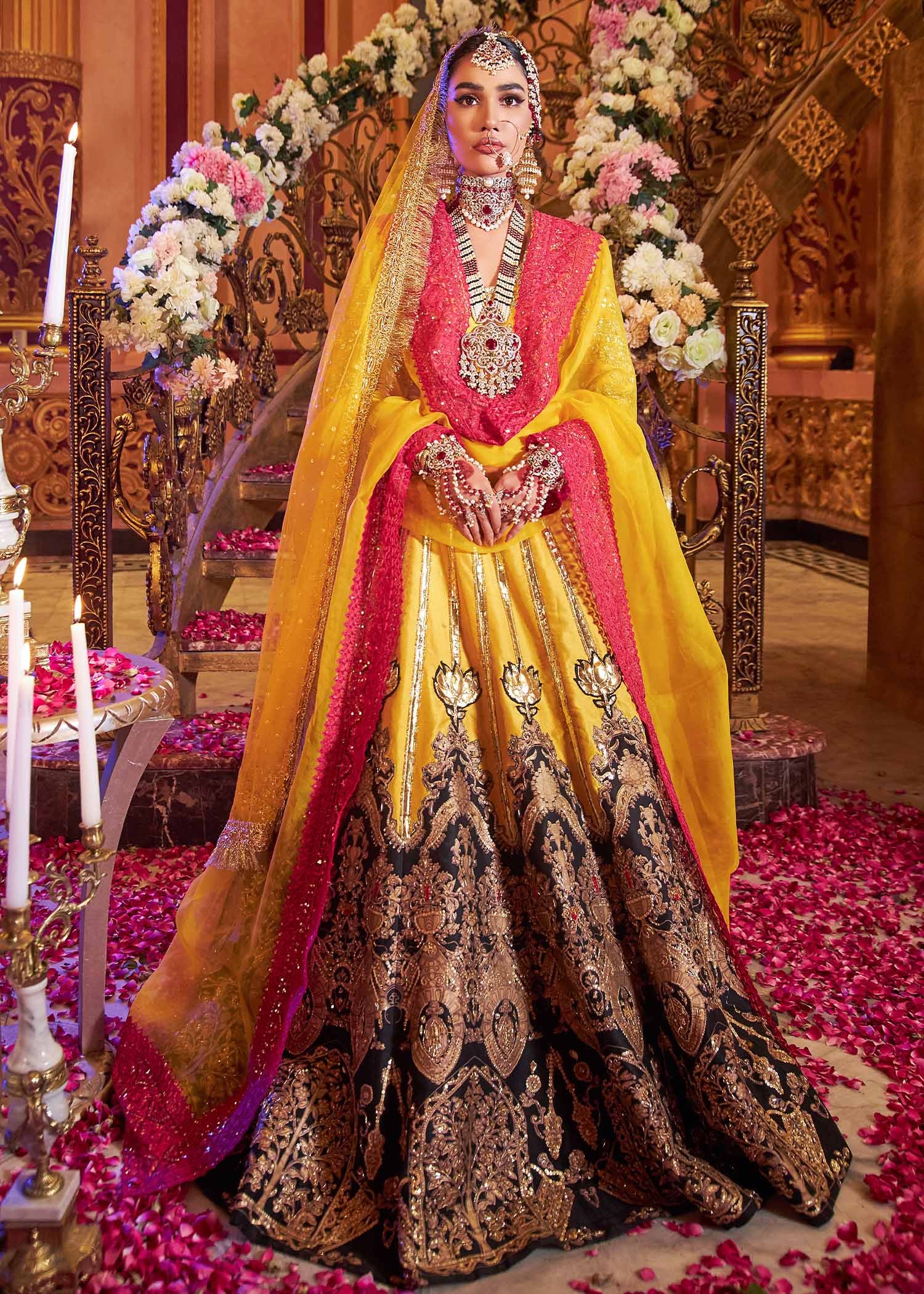 Pakistani Yellow Gota Embroidered Raw Silk Lehenga (3-Piece) - Image 2