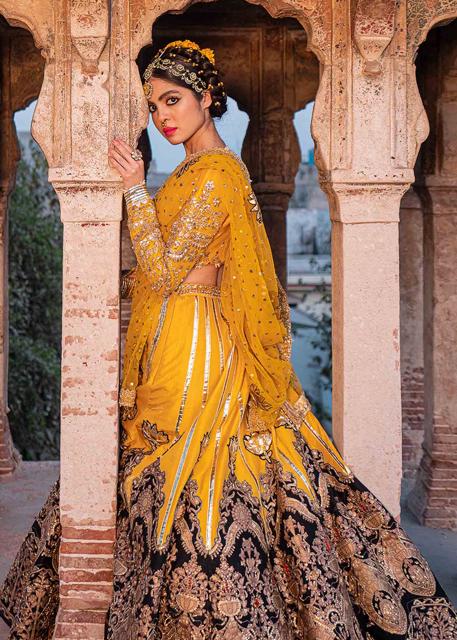 Pakistani Yellow Gota Embroidered Raw Silk Lehenga (3-Piece) - Image 8