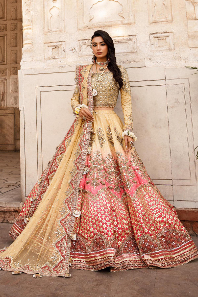Lime Yellow & Candy Pink Embellished Raw Silk Lehenga (3-Piece) - Image 1