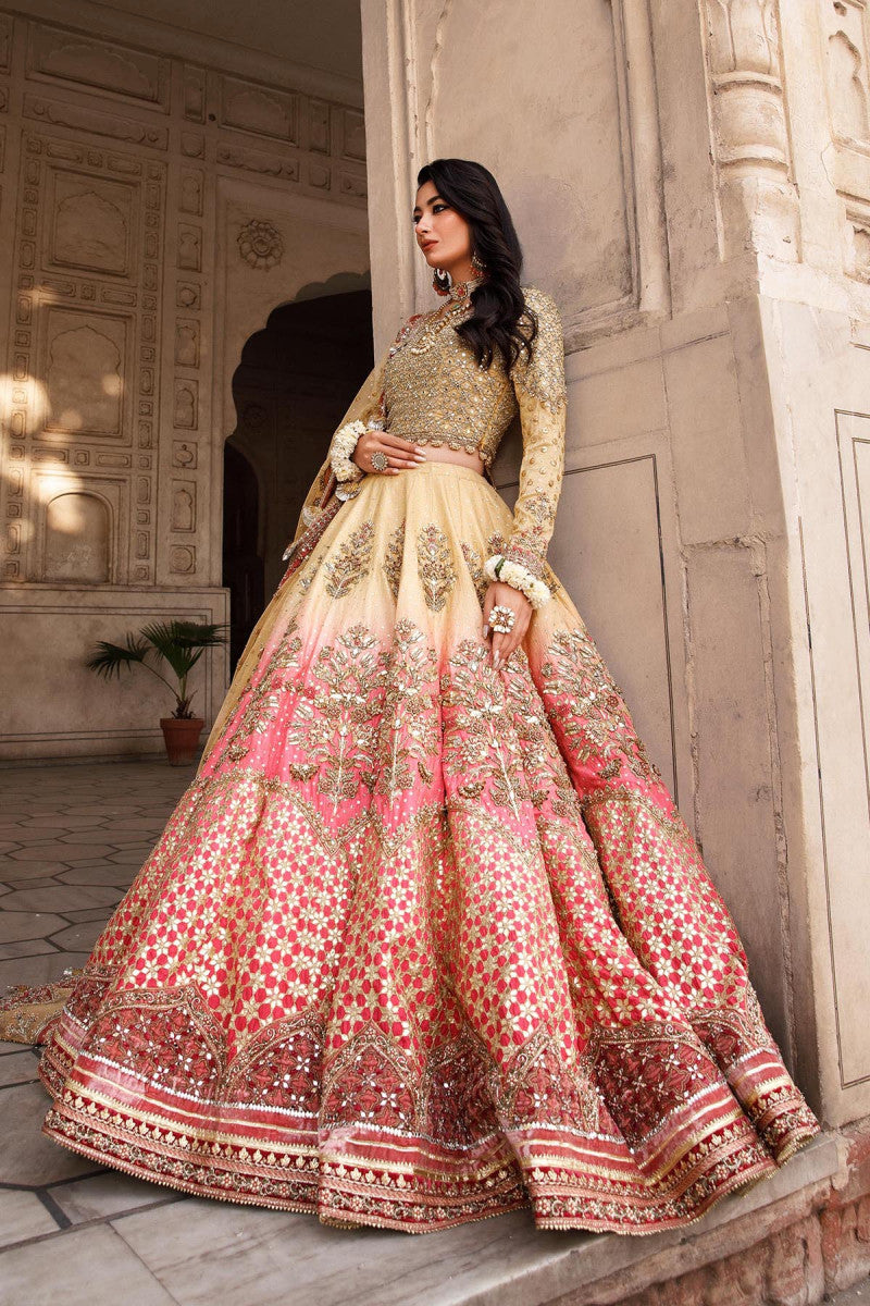 Lime Yellow & Candy Pink Embellished Raw Silk Lehenga (3-Piece) - Image 4
