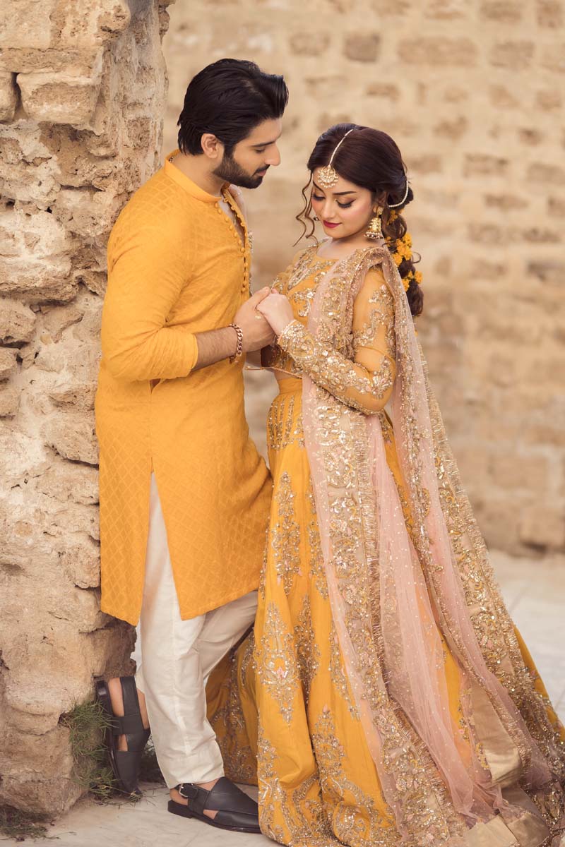 Mustard Embroidered Raw Silk Lehenga (3-Piece) - Image 2