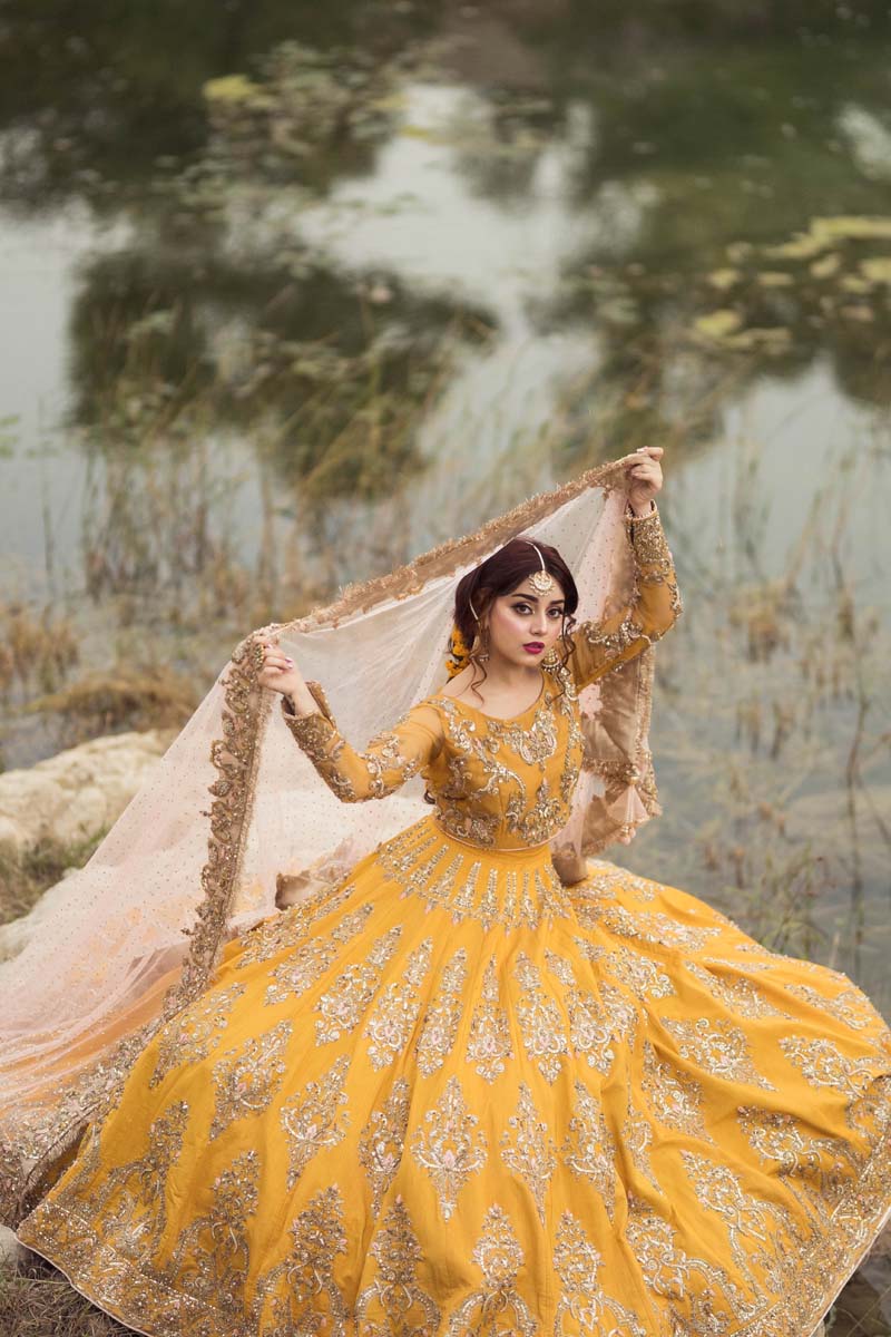 Mustard Embroidered Raw Silk Lehenga (3-Piece) - Image 4