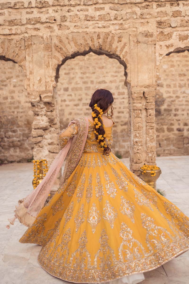 Mustard Embroidered Raw Silk Lehenga (3-Piece) - Image 5