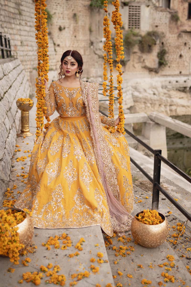 Mustard Embroidered Raw Silk Lehenga (3-Piece) - Image 6