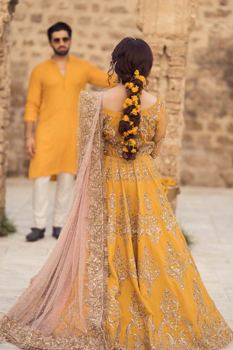 Mustard Embroidered Raw Silk Lehenga (3-Piece) - Image 8