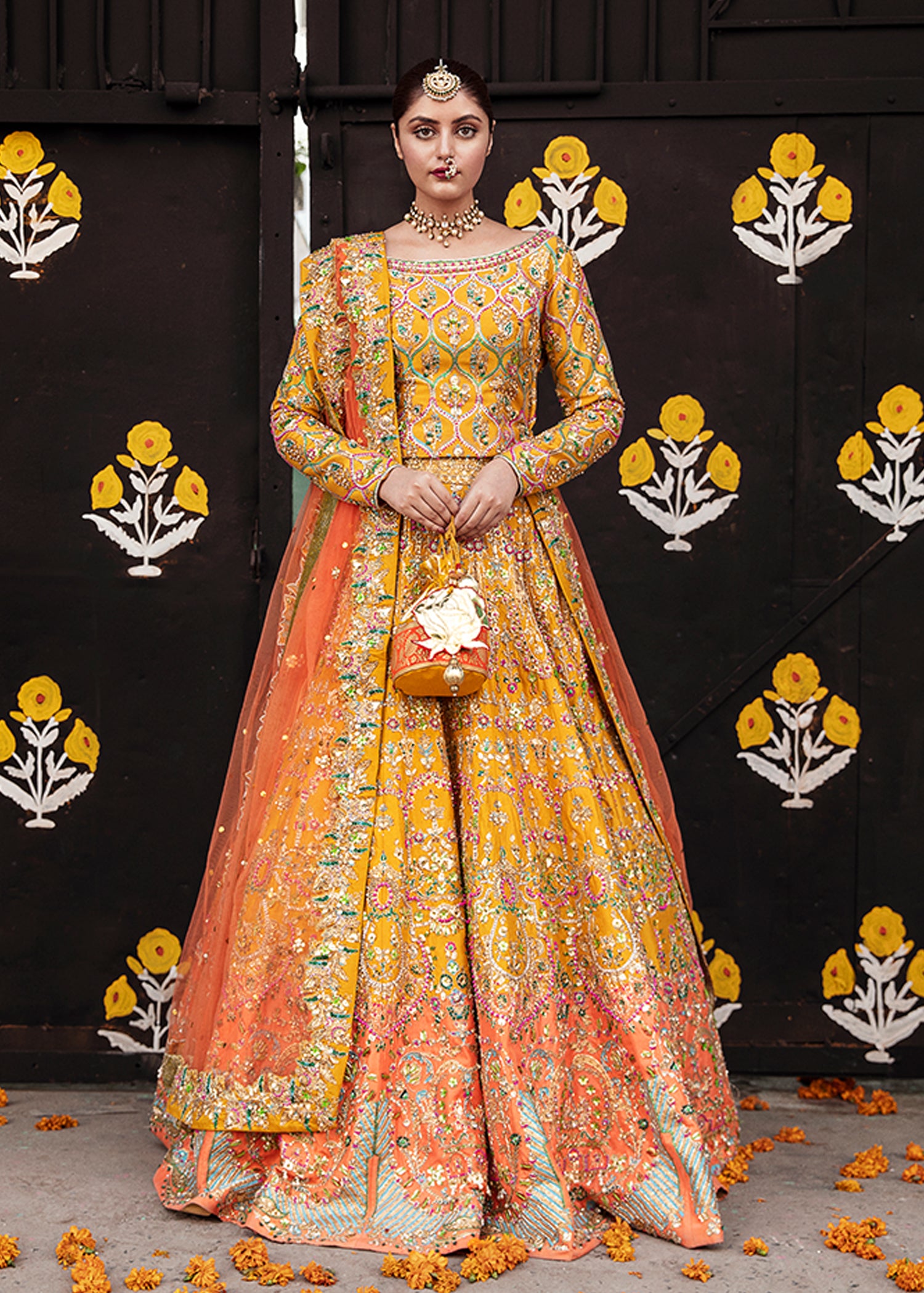 Yellow Orange Embroidered Raw Silk Lehenga Choli (3-Piece) - Image 1
