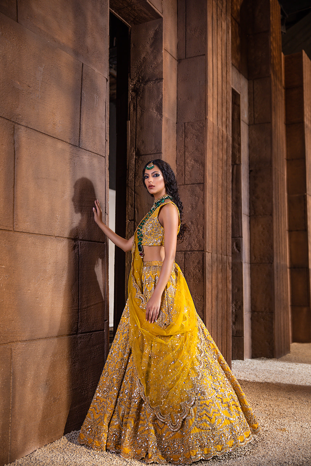 Pakistani Yellow Embellished Raw Silk Bridal Lehenga (3-Piece) - Image 2