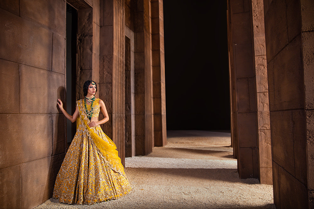 Pakistani Yellow Embellished Raw Silk Bridal Lehenga (3-Piece) - Image 4