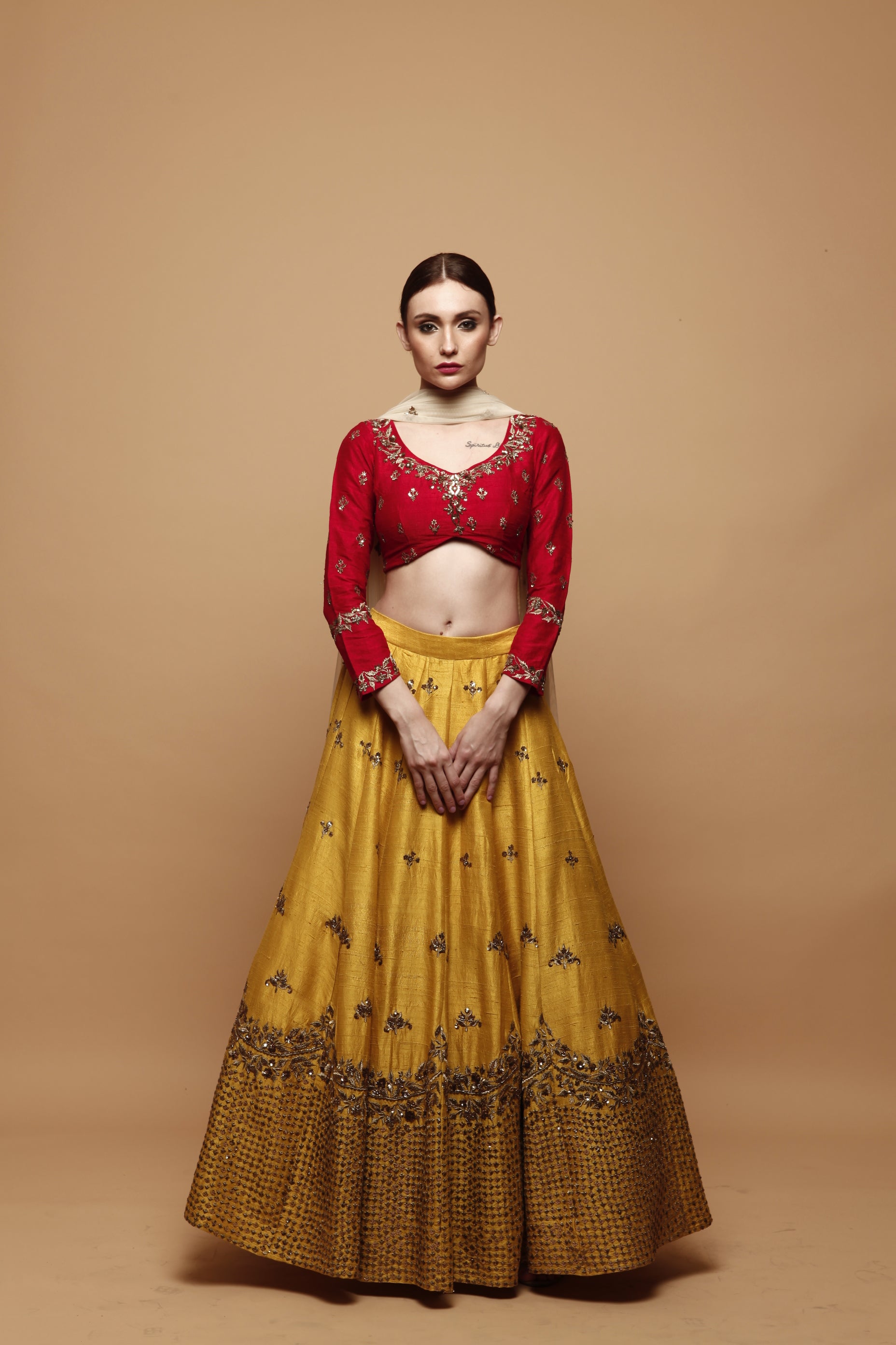 Mustard Yellow Embroidered Raw Silk Lehenga (3-Piece) - Image 1