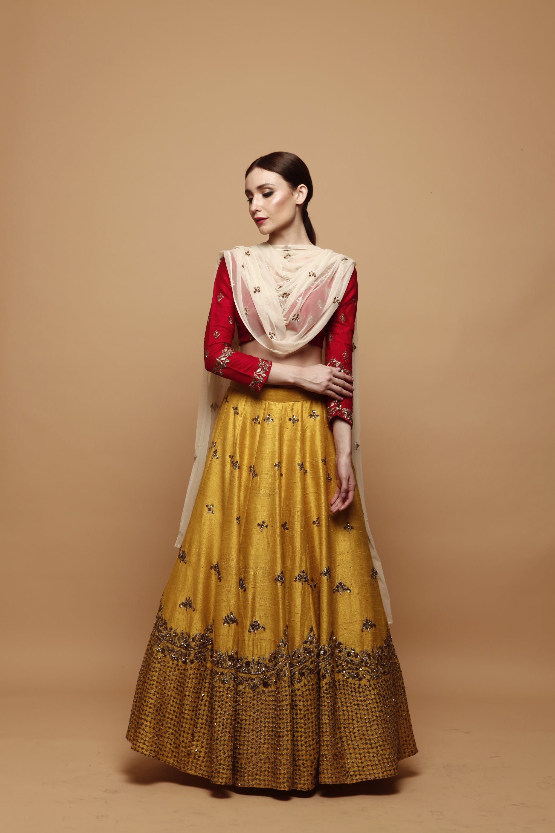Mustard Yellow Embroidered Raw Silk Lehenga (3-Piece) - Image 2