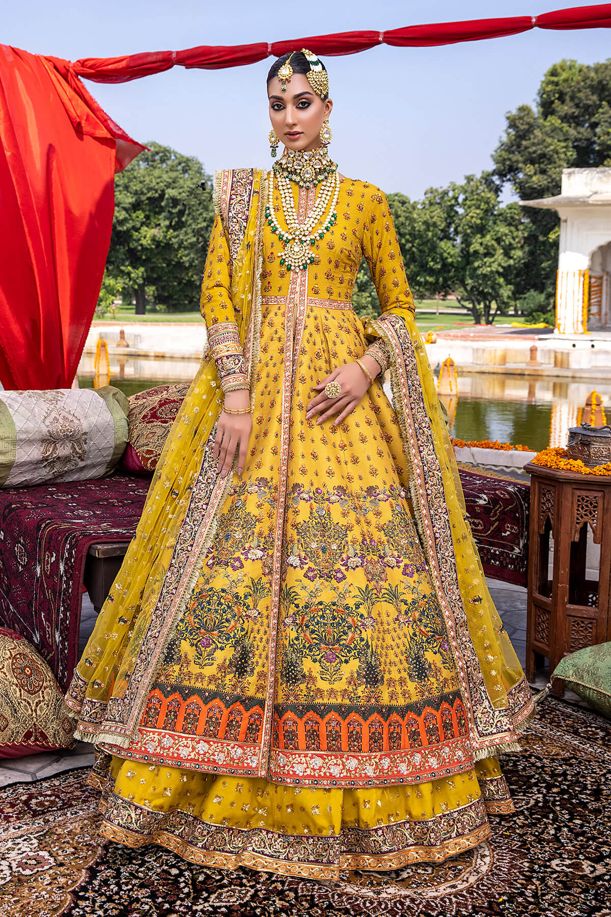 Mustard Embellished Raw Silk & Net Lehenga Gown (3-Piece) - Image 1