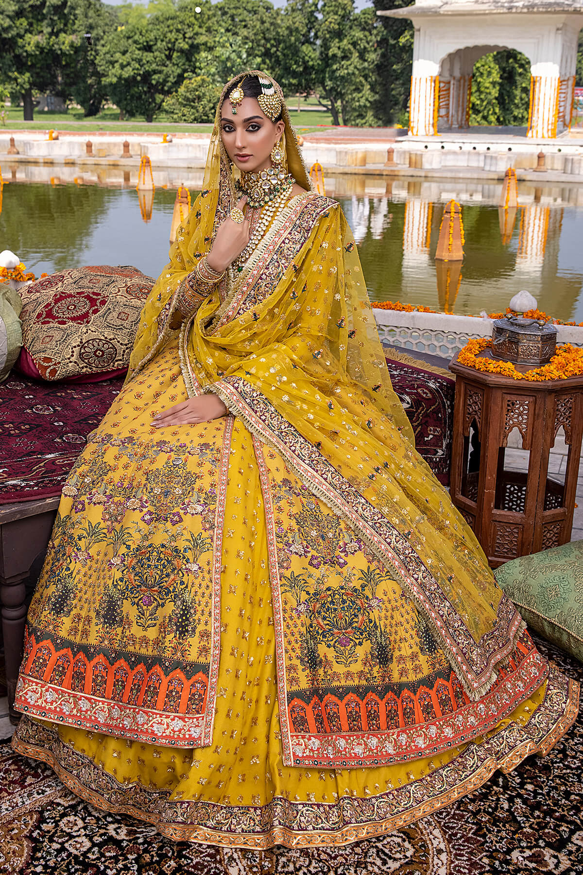 Mustard Embellished Raw Silk & Net Lehenga Gown (3-Piece) - Image 2