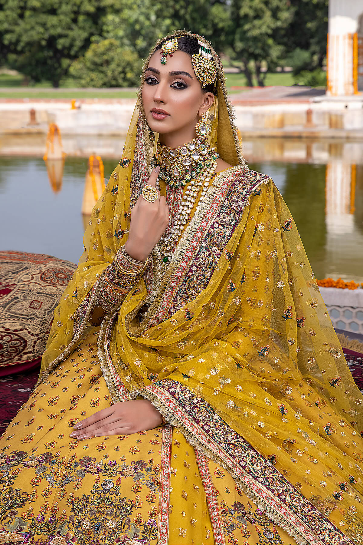 Mustard Embellished Raw Silk & Net Lehenga Gown (3-Piece) - Image 3