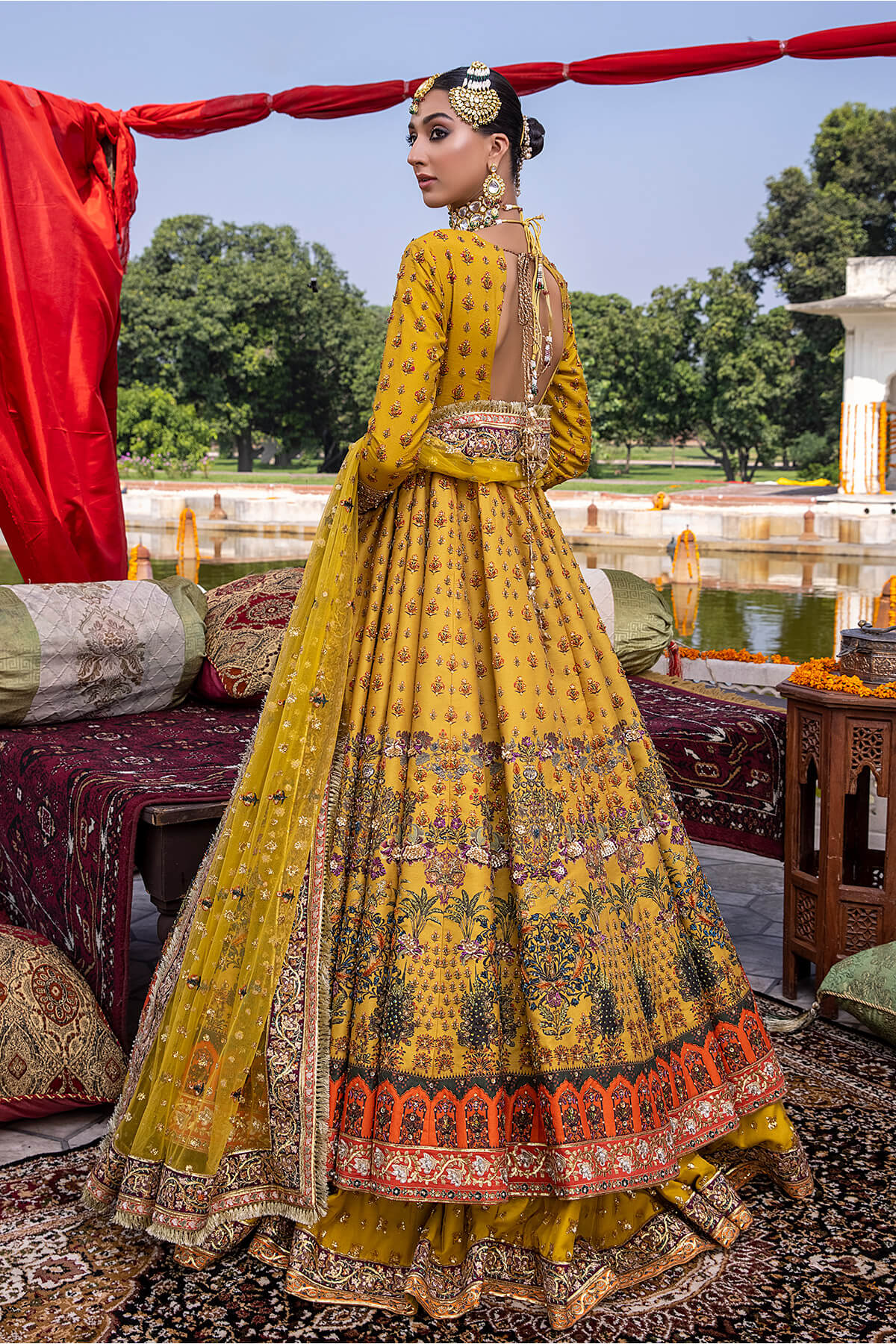 Mustard Embellished Raw Silk & Net Lehenga Gown (3-Piece) - Image 4