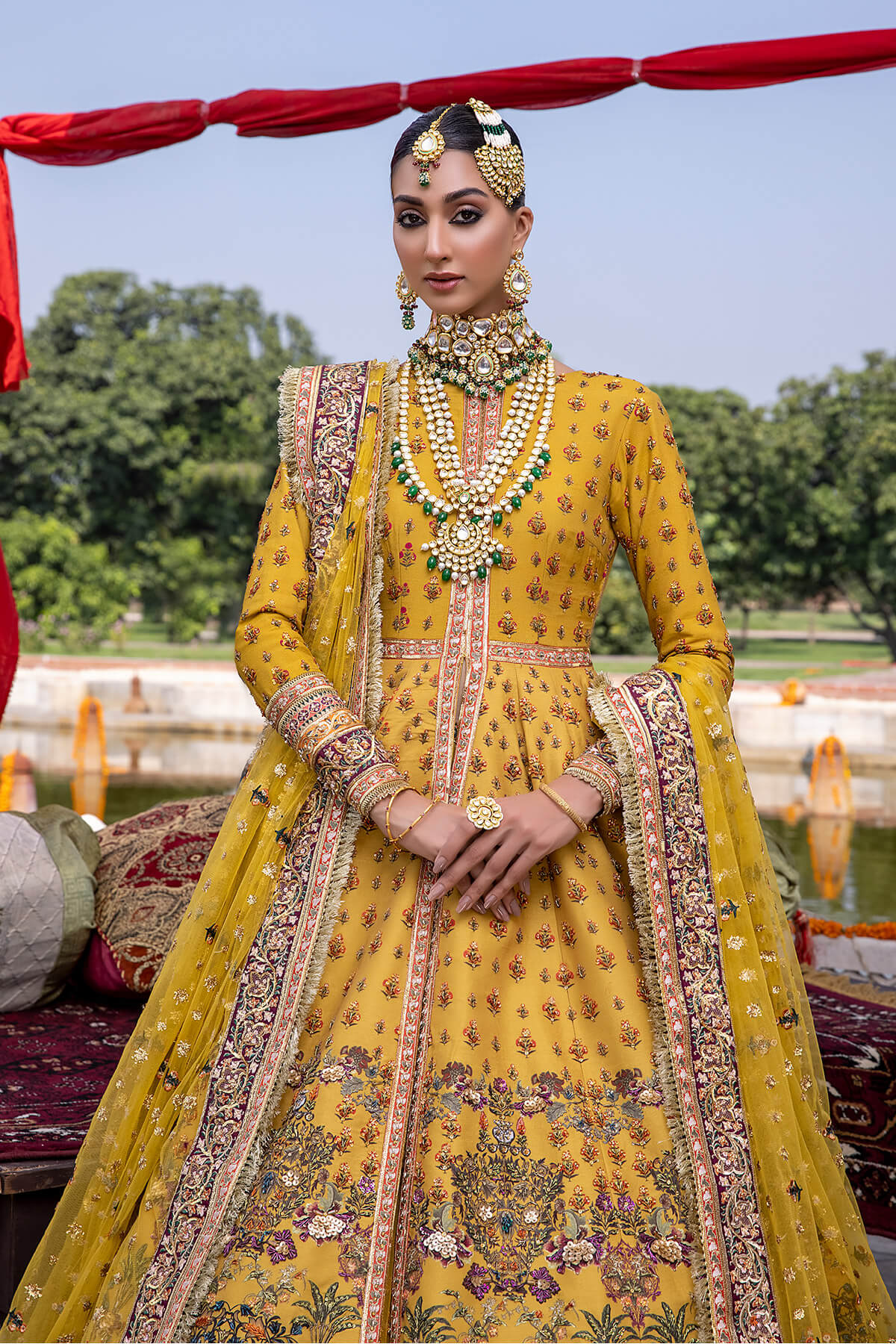 Mustard Embellished Raw Silk & Net Lehenga Gown (3-Piece) - Image 5