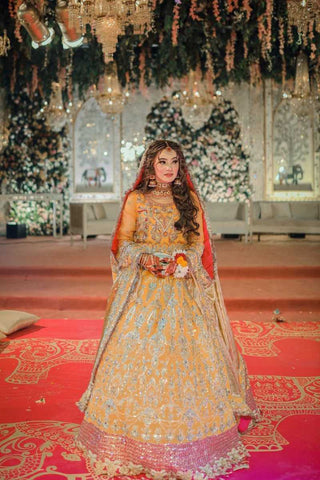 Pakistani Mustard Silver Embellished Raw Silk Bridal Lehenga (3-Piece) - Image 2