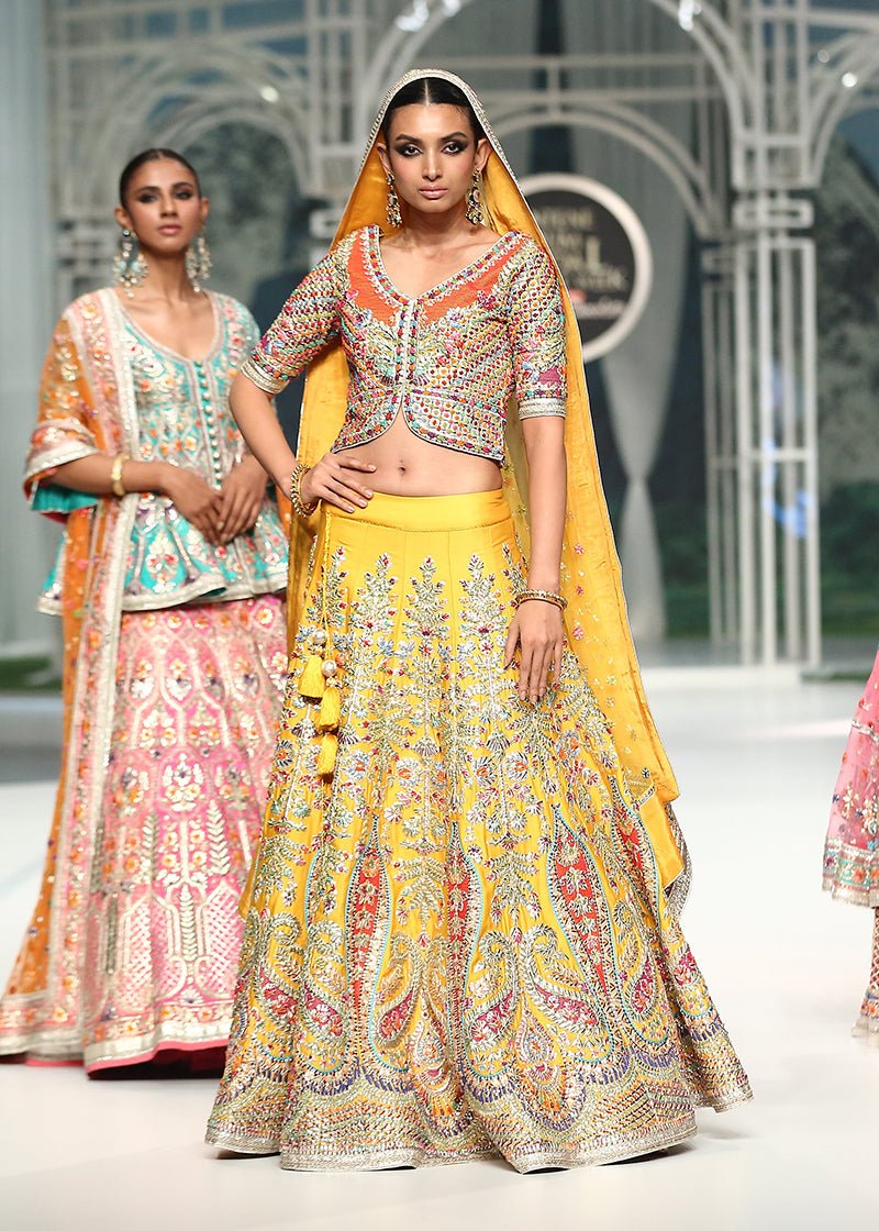 Pakistani Yellow Hand Resham & Gota Satin Silk Lehenga Choli (3-Piece) - Image 1