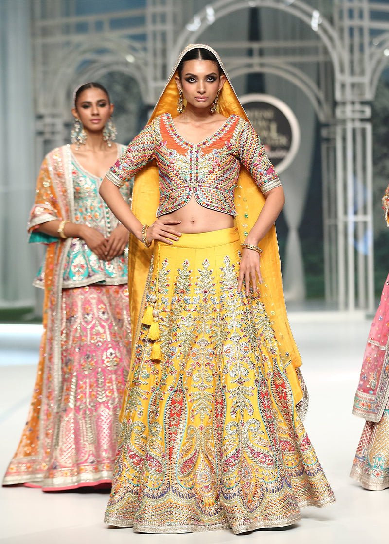 Pakistani Yellow Hand Resham & Gota Satin Silk Lehenga Choli (3-Piece) - Image 2