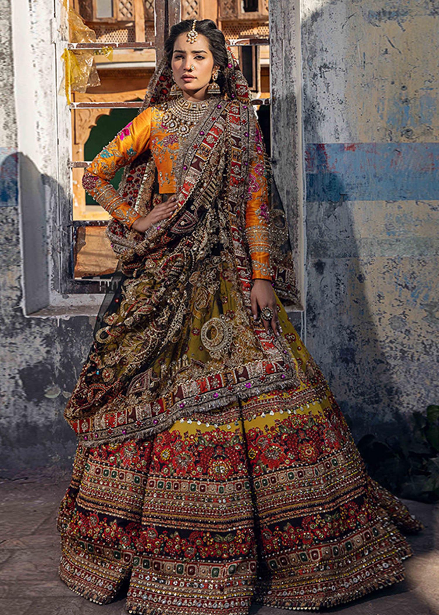 Pakistani Yellow Zardozi Shamose Silk Bridal Lehenga (3-Piece) - Image 3