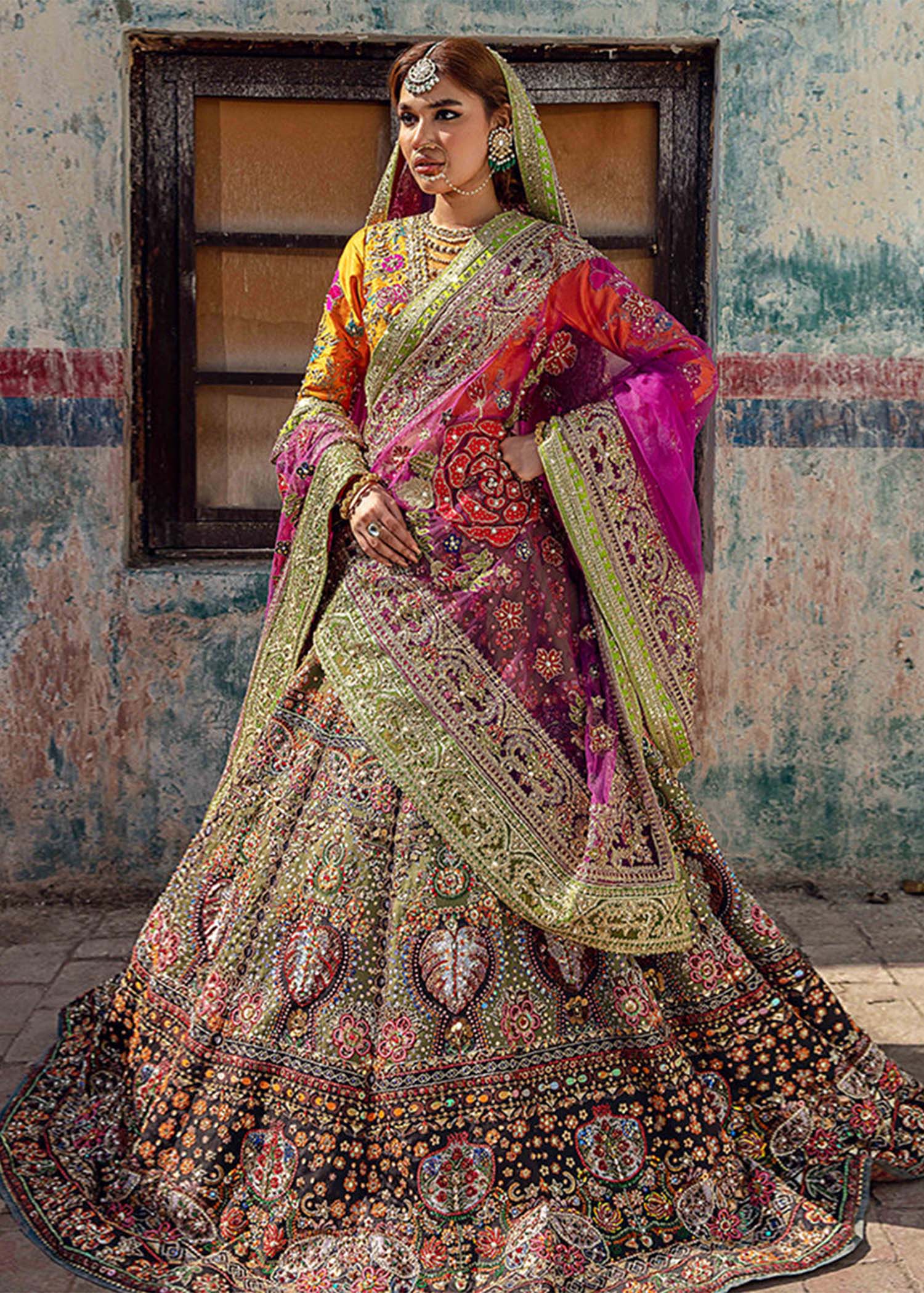 Pakistani Yellow Zardozi Shamose Silk Bridal Lehenga (3-Piece) - Image 5