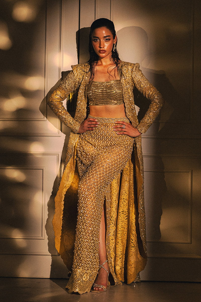 Pakistani Mango Yellow Embellished Silk-Blend Lehenga (3-Piece) - Image 1