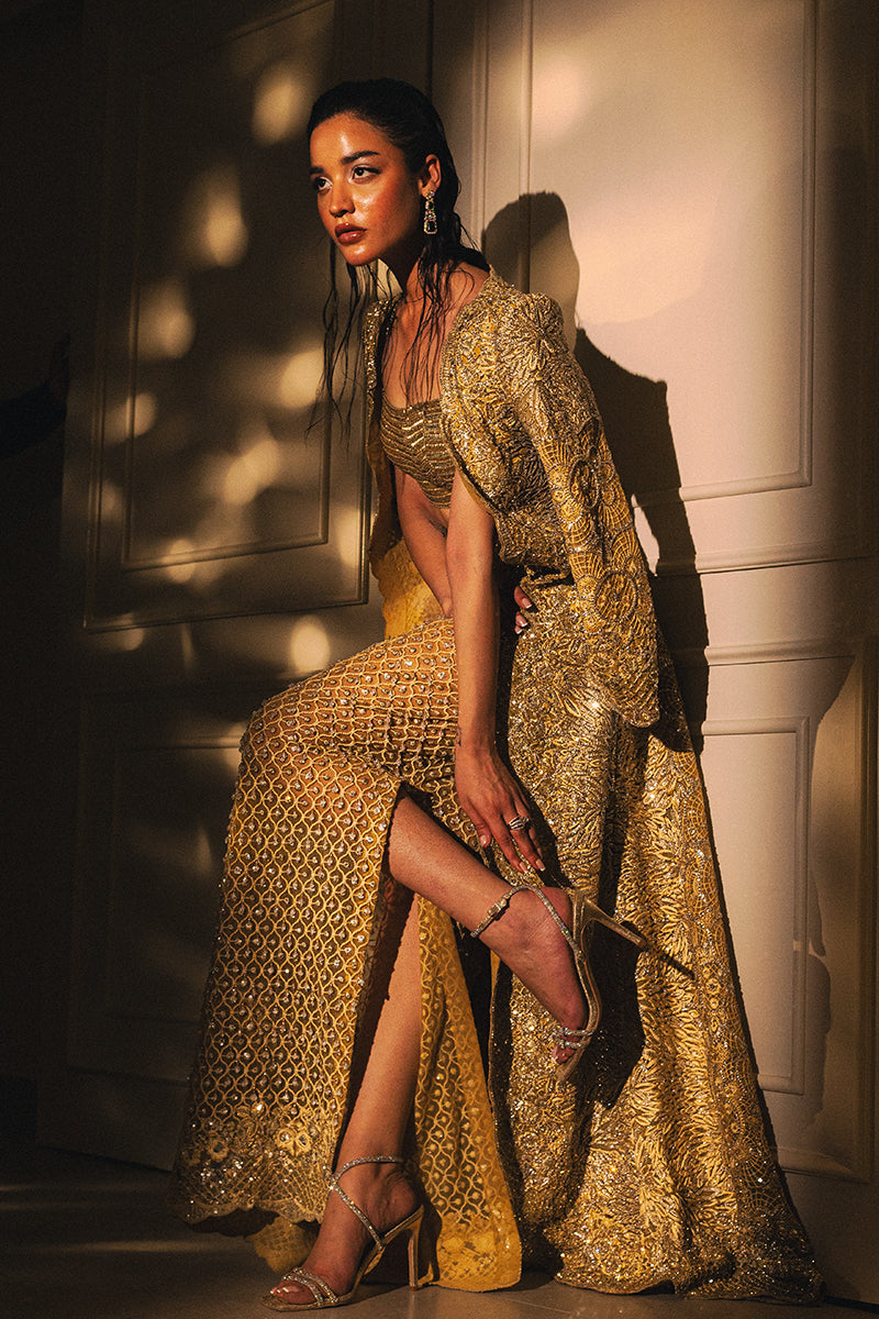 Pakistani Mango Yellow Embellished Silk-Blend Lehenga (3-Piece) - Image 2