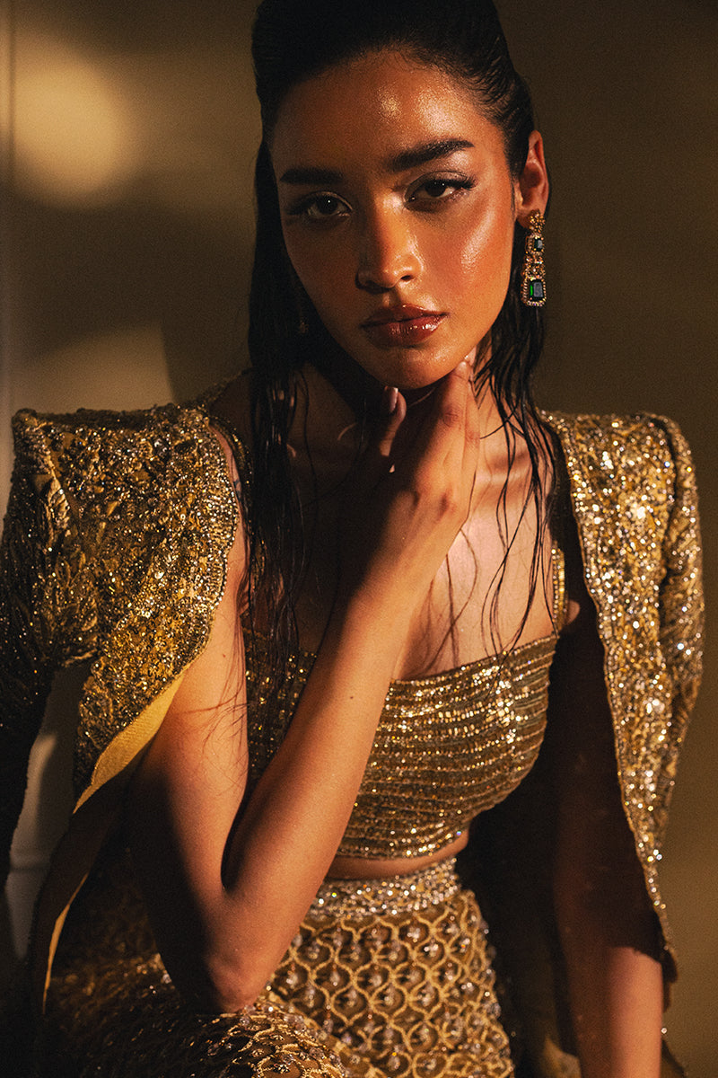 Pakistani Mango Yellow Embellished Silk-Blend Lehenga (3-Piece) - Image 3