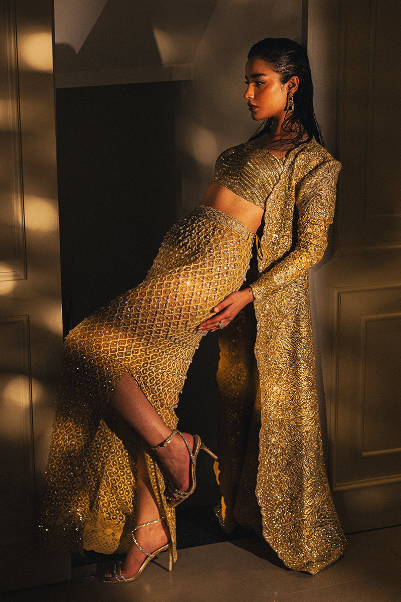 Pakistani Mango Yellow Embellished Silk-Blend Lehenga (3-Piece) - Image 4