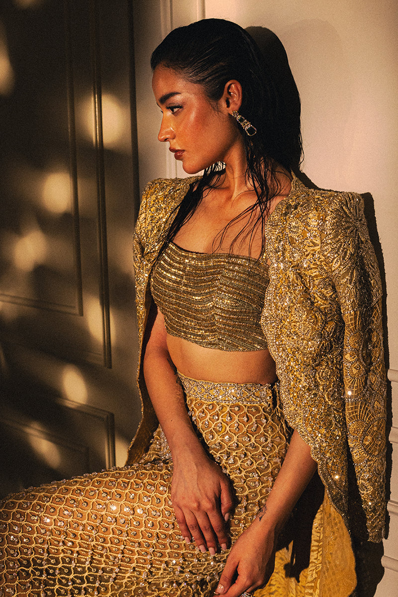 Pakistani Mango Yellow Embellished Silk-Blend Lehenga (3-Piece) - Image 5